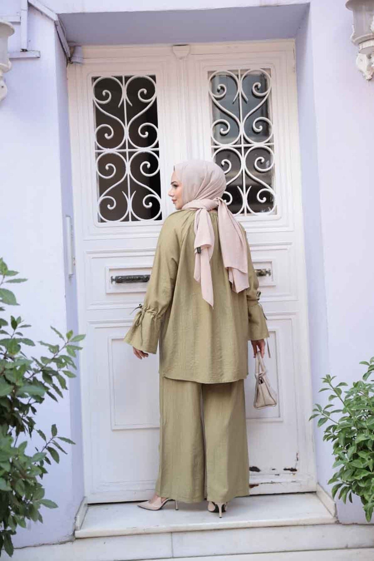 N.S NEVA STYLE-Buttoned Light Khaki Hijab Double Set 30451Ahk 5