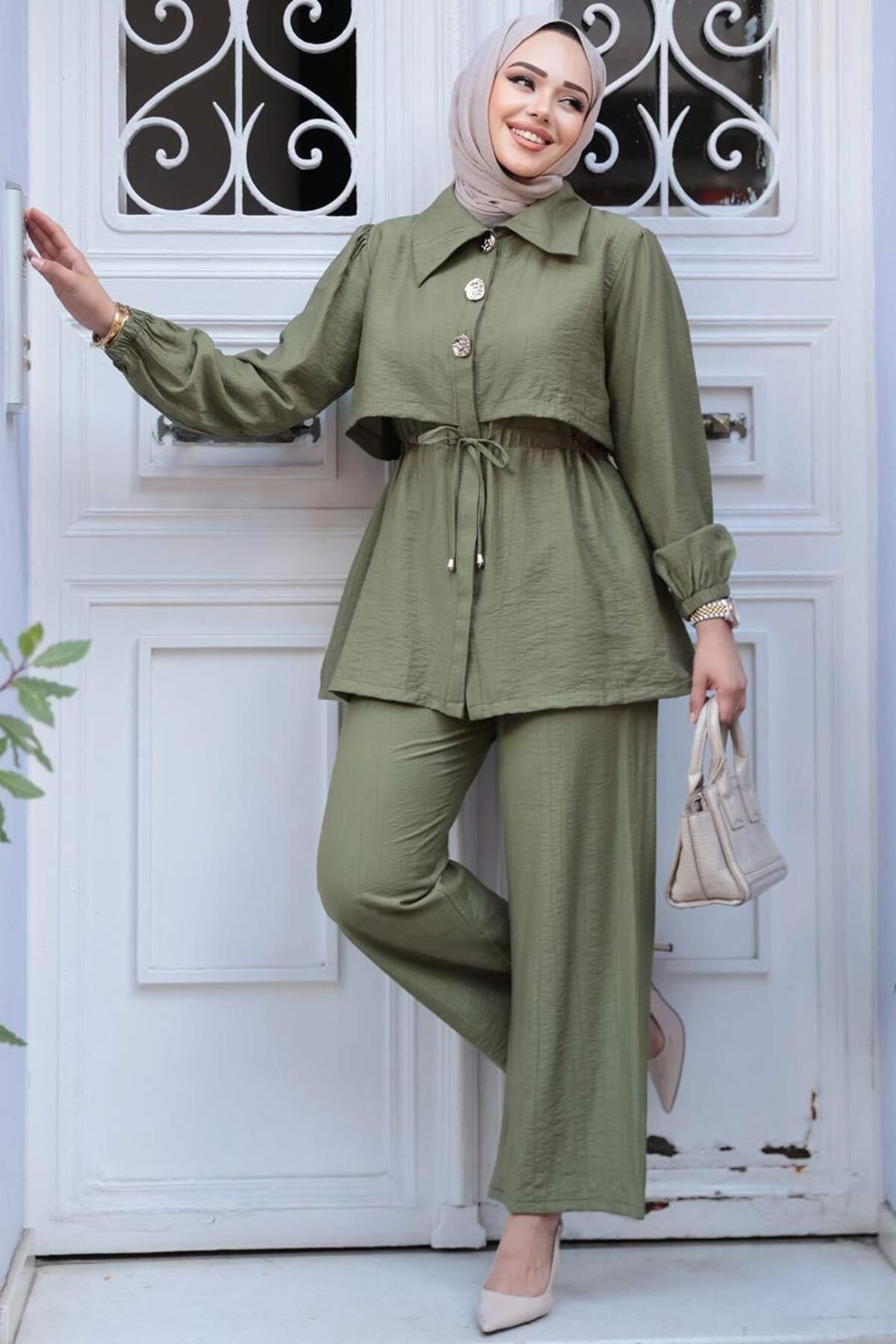 N.S NEVA STYLE-Button Detailed Khaki Hijab Double Set 40391Hk 2