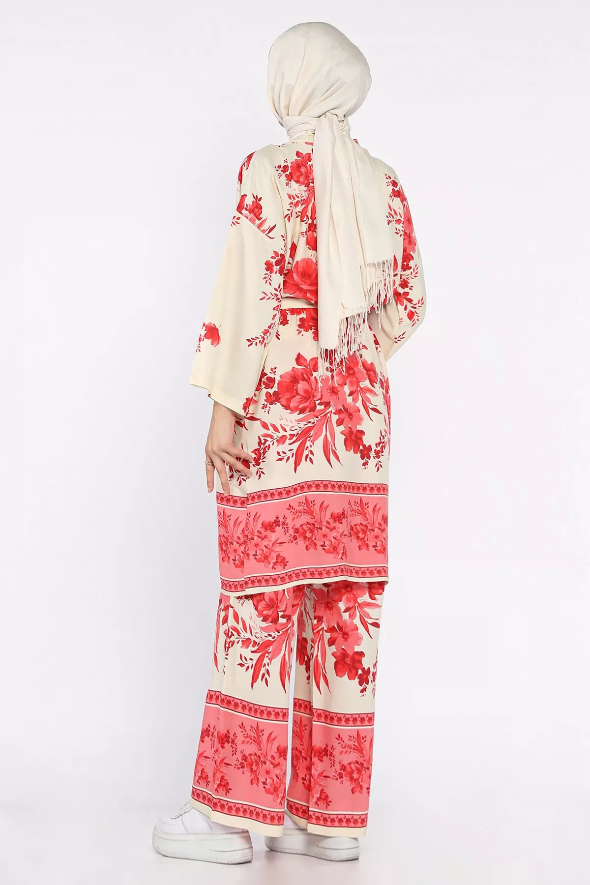 julude-Fuchsia Hijab Patterned Kimono Trousers Double Set 6