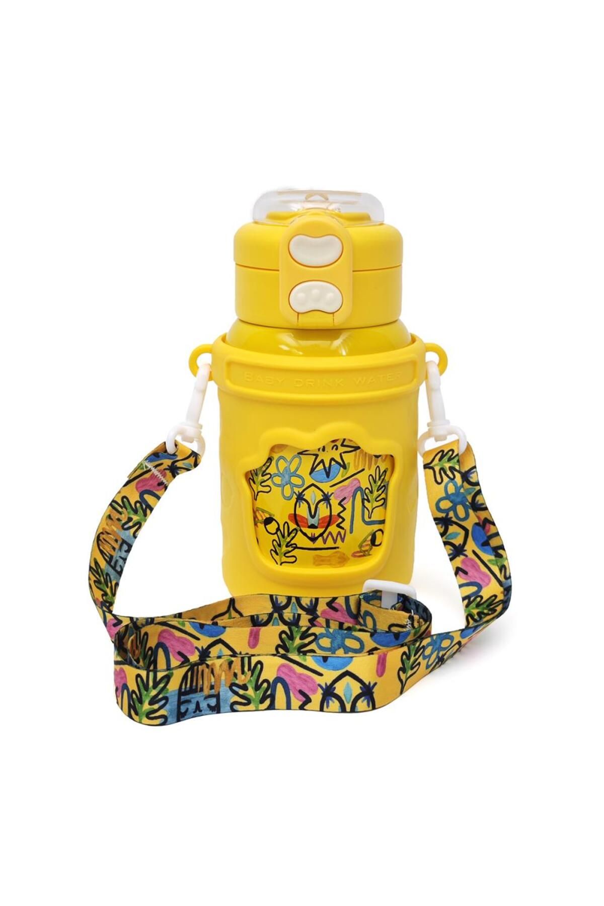 B4U-Thermos mug for kindergarten, pop-up flip-top with straw, with string, yellow, 500 ml KL-8192 1