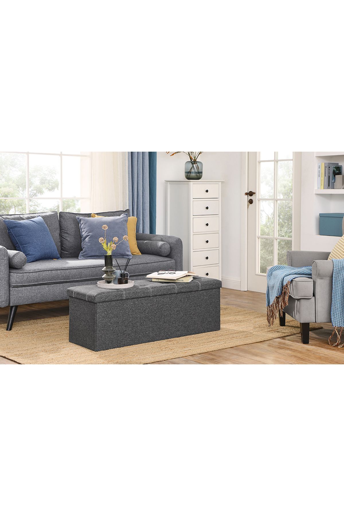 SONGMICS-Folding bench with storage space 110x38x38 cm, MDF and textile material, dark gray 6