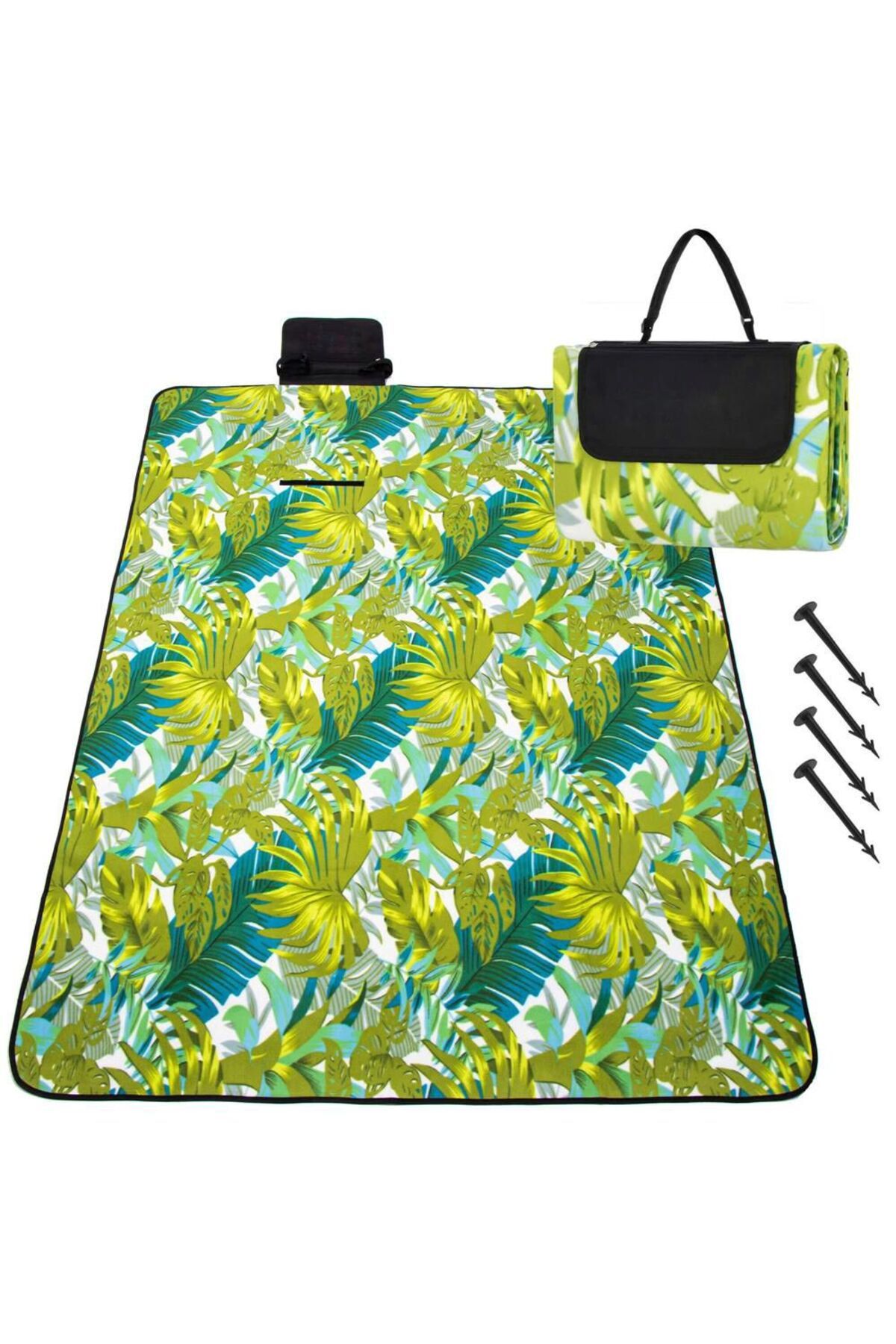 SERSIMO-Picnic or beach blanket, with insulating foil and handle, 200x200cm, leaf pattern, green 4