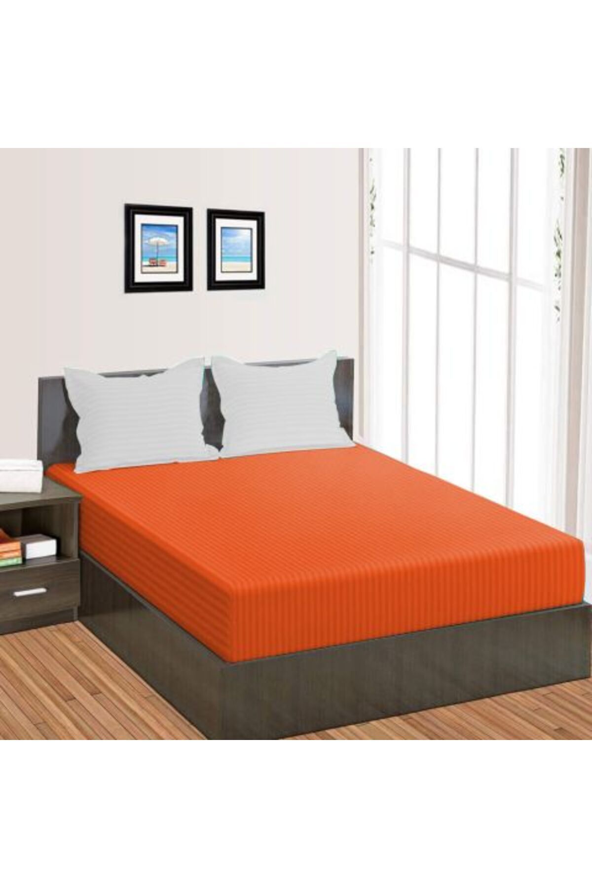 HomePuls-Fitted Sheet with Elastic Damask Polycotton Stripe 1 cm, 210 x 250 cm for Mattress 160 x 200 cm, Cor 2