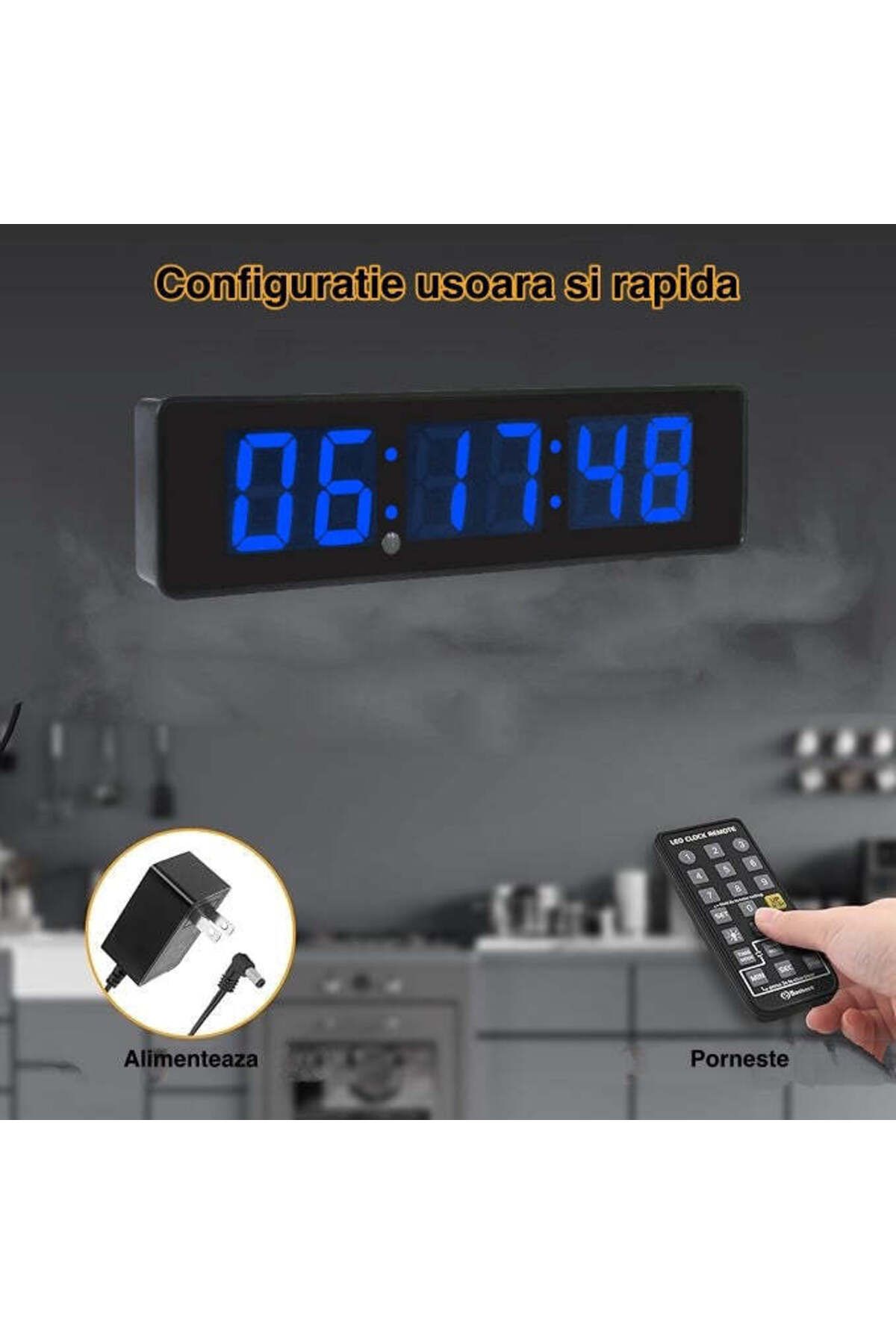 VTM-Ceas Digital de Masa si Perete cu LED Albastru, Cronometru, Timer, Alarma, 34x9cm 3