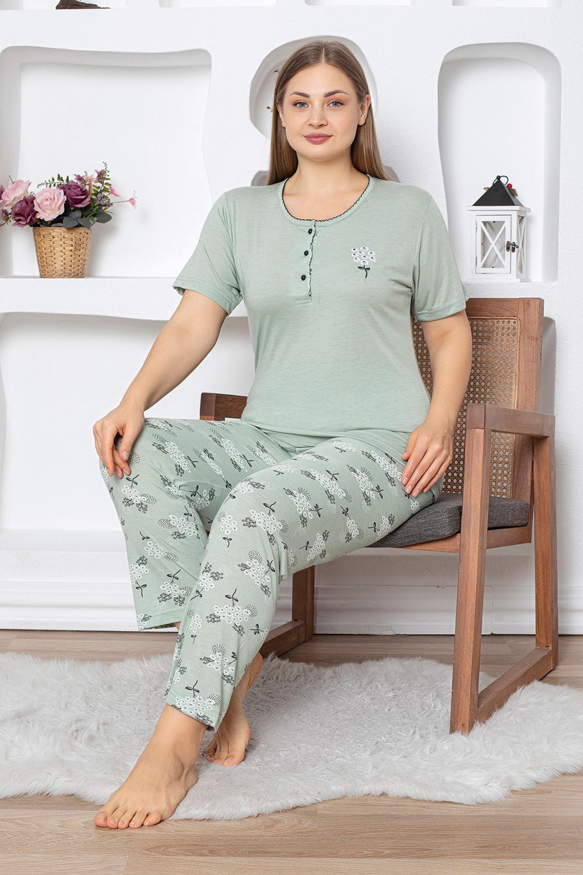 Fulla Moda-Daisy Patterned Patterned Large Size Pajama Set 3