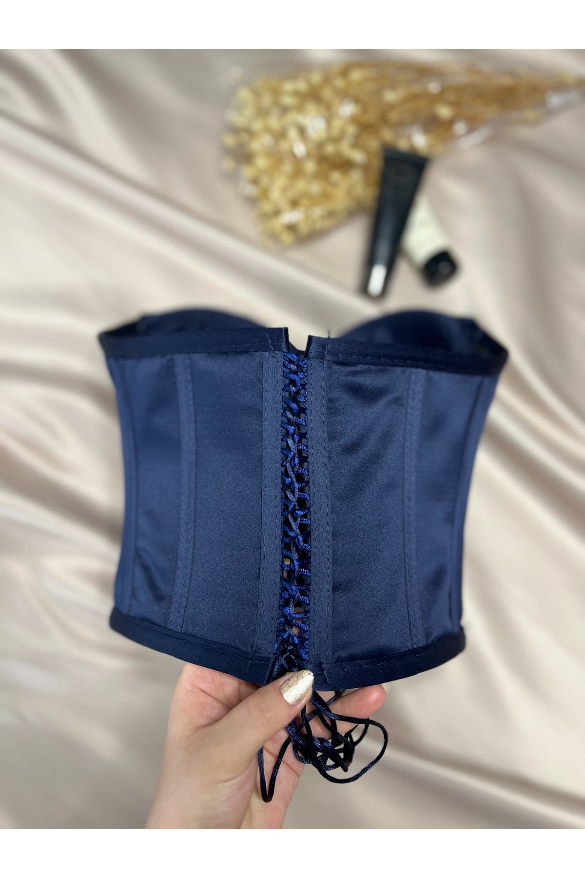 Metay Design Saten Ful Taş İşleme Korse Büstiyer Taşlı Model görsel 5