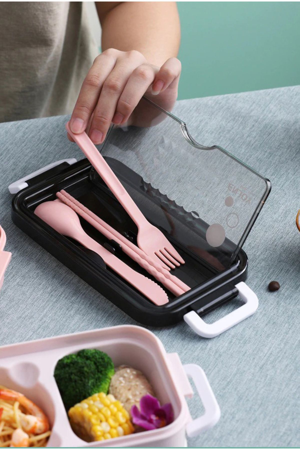 Cozy Nest-Bento Lunch Box for Adults & Kids 2 Compartments and Divider with Cutlery Set for School & Work 2