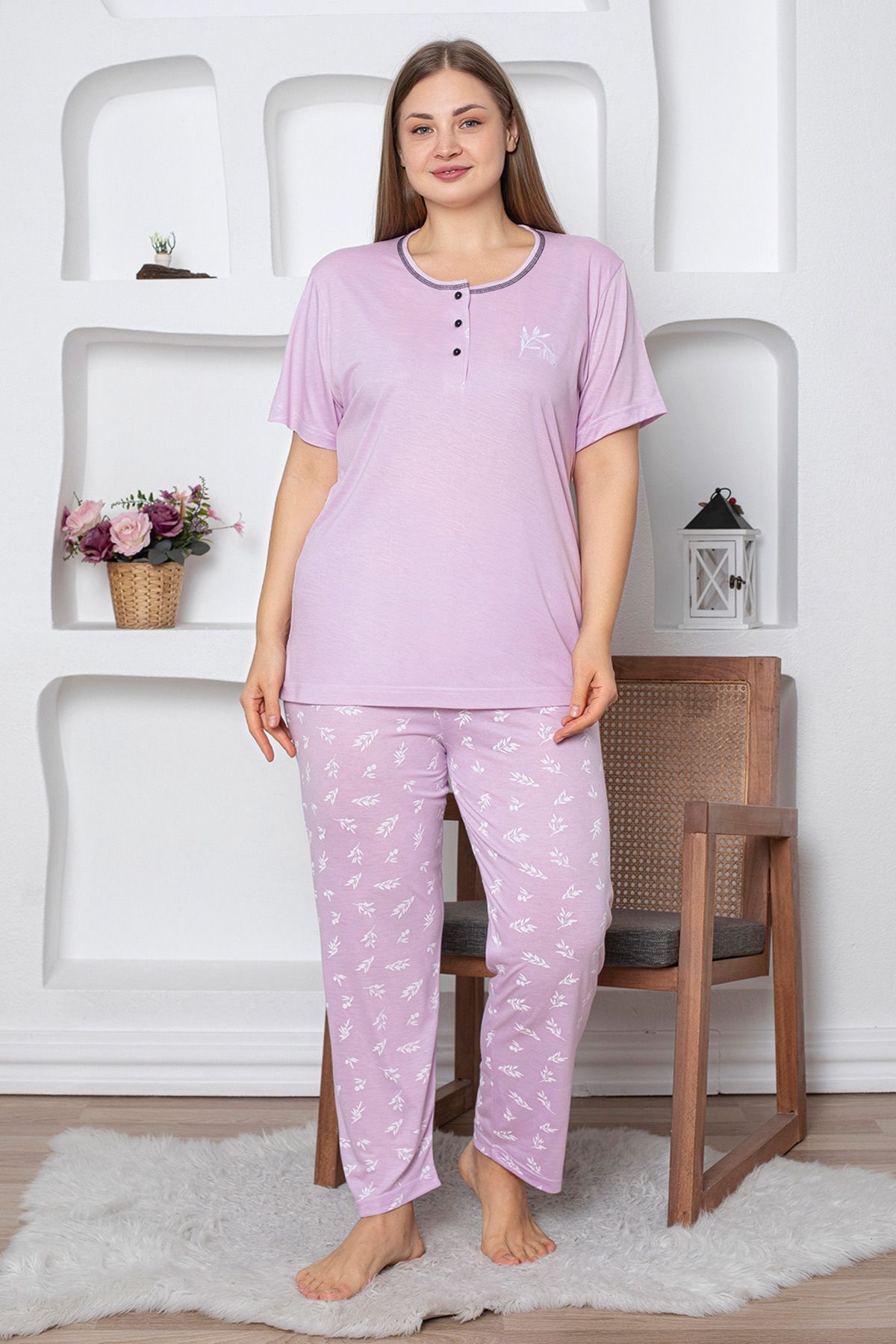 Fulla Moda-Leaf Patterned Large Size Pajama Set 2