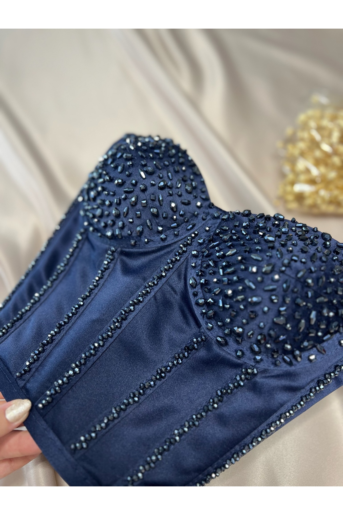 Metay Design Saten Ful Taş İşleme Korse Büstiyer Taşlı Model görsel 4