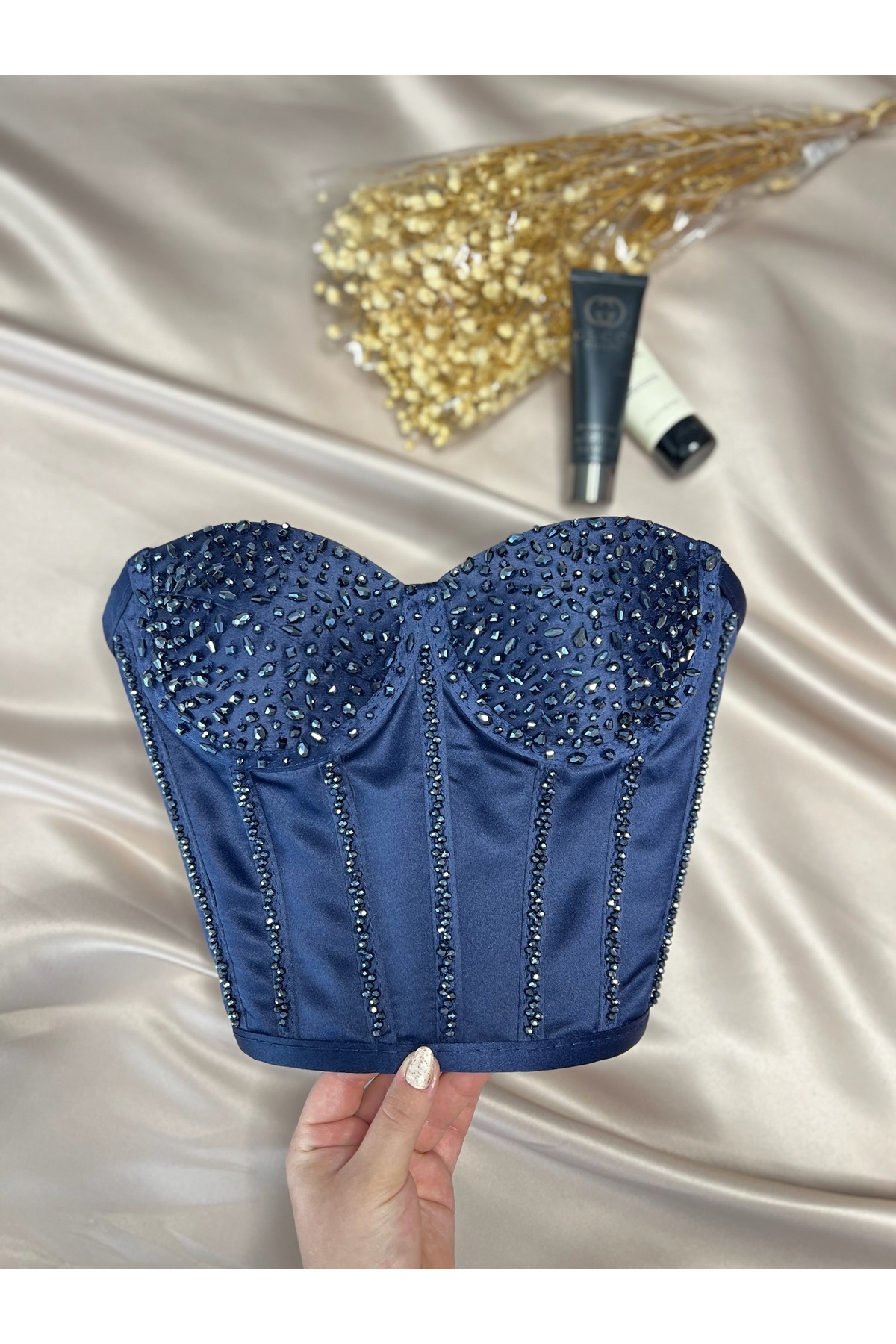 Metay Design Saten Ful Taş İşleme Korse Büstiyer Taşlı Model görsel 2