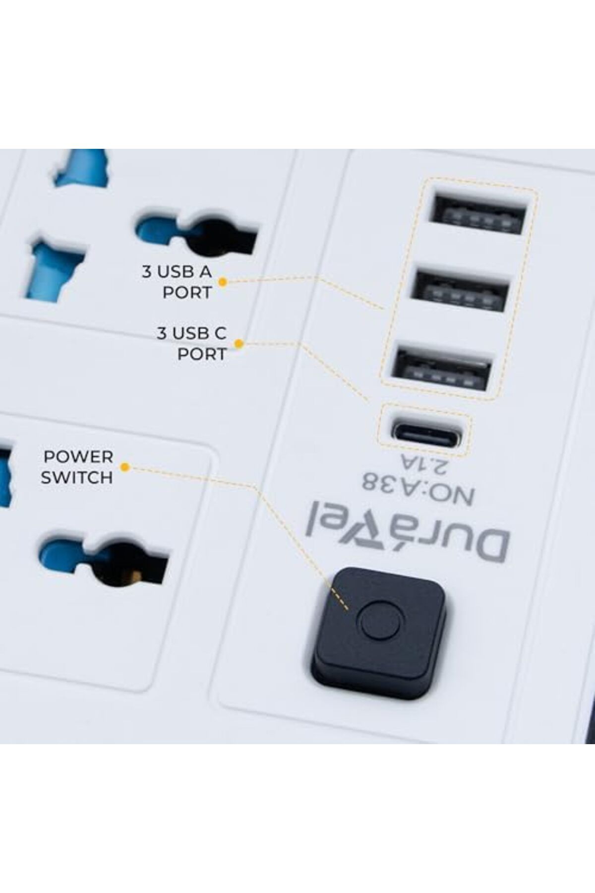 Duravel-Universal Extension Lead/Cord with Multiple Functions, UK 3-Pin Plug Socket with 6 Outlets | 7