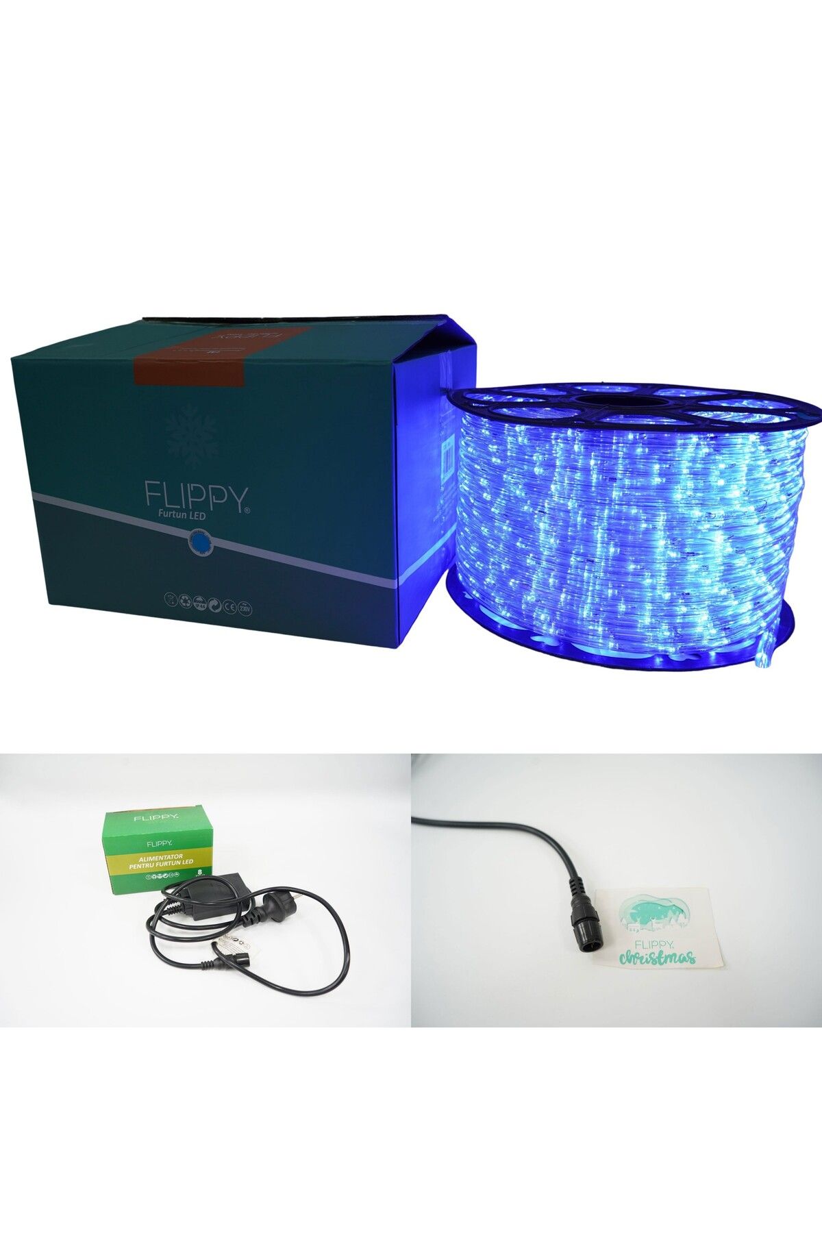 Teo-Instalatie Craciun, 28 m, 672 Led-uri, Furtun Luminos, Albastru, Transformator, 8 jocuri de lumini, 6