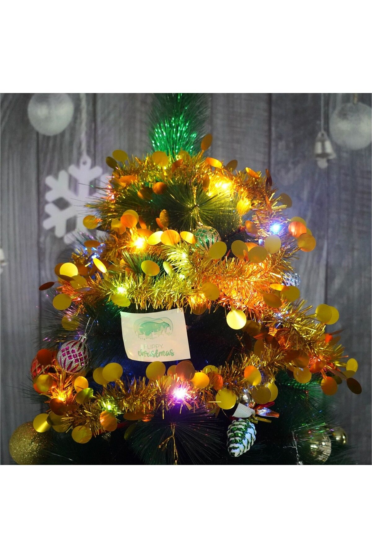 Teo-Christmas tinsel with LED, Gold, round sequin pattern, 2 m x 5 cm, PVC, String, Artificial, 2