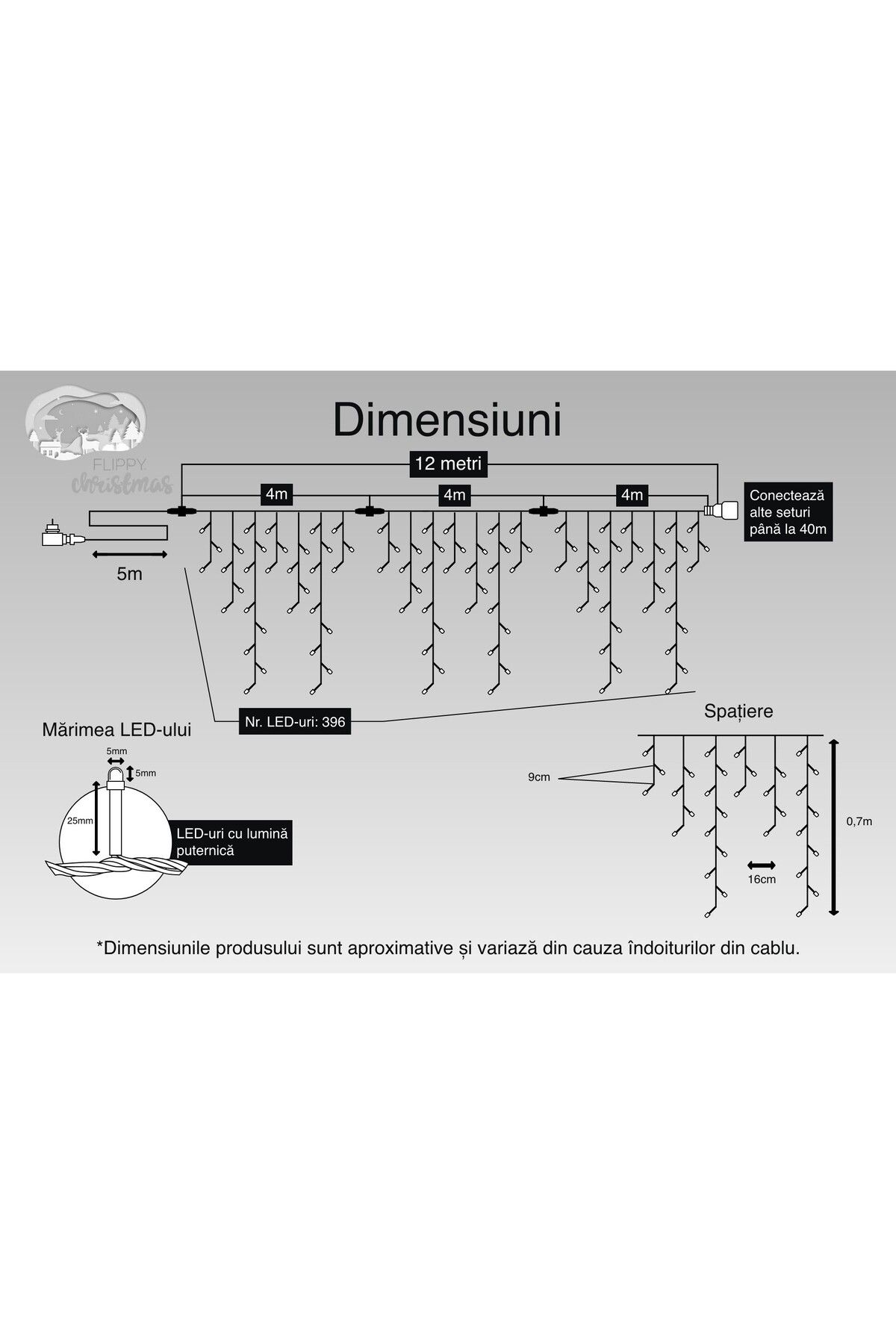 Teo-Instalatie Craciun, 12 m, 396 Led-uri ,Franjuri, Alb cald, Flash, Transformator, Interconectabila, P 3