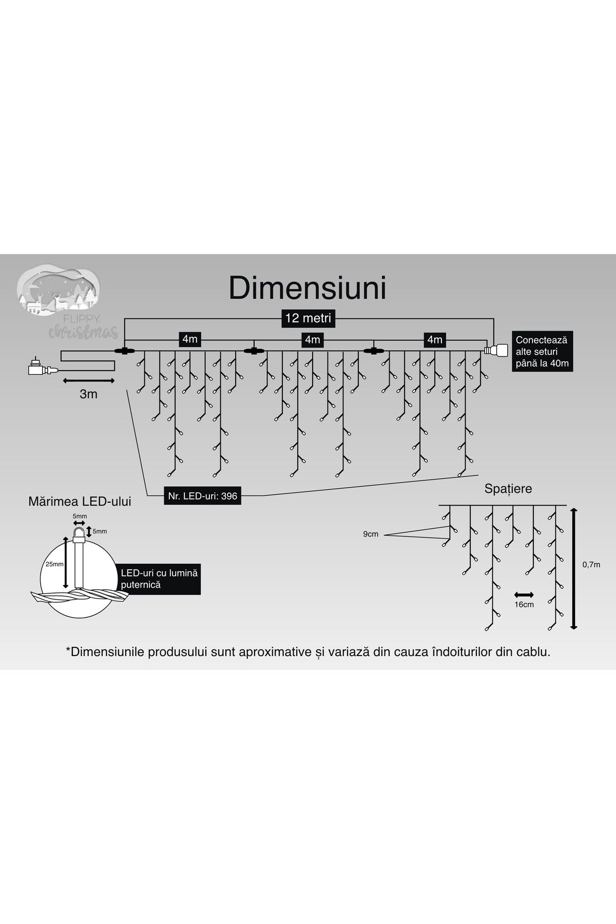 Teo-Instalatie Craciun, 12 m, 396 Led-uri ,Franjuri, Alb cald, Flash, Transformator, Interconectabila, P 3