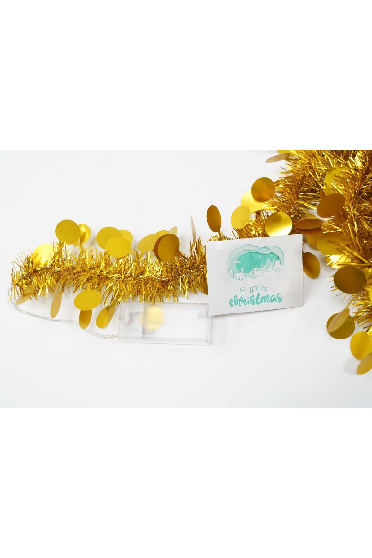 Teo-Christmas tinsel with LED, Gold, round sequin pattern, 2 m x 5 cm, PVC, String, Artificial, 6