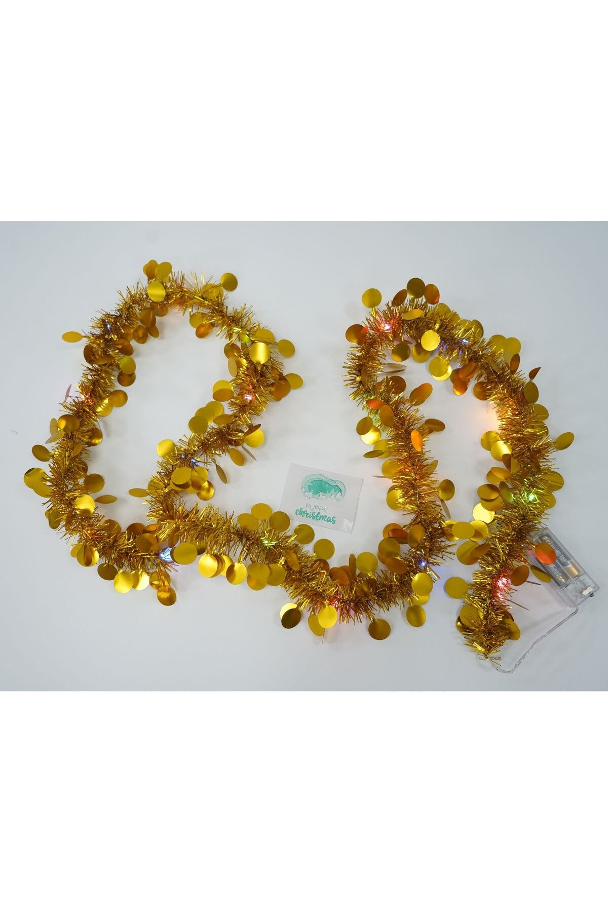 Teo-Christmas tinsel with LED, Gold, round sequin pattern, 2 m x 5 cm, PVC, String, Artificial, 5
