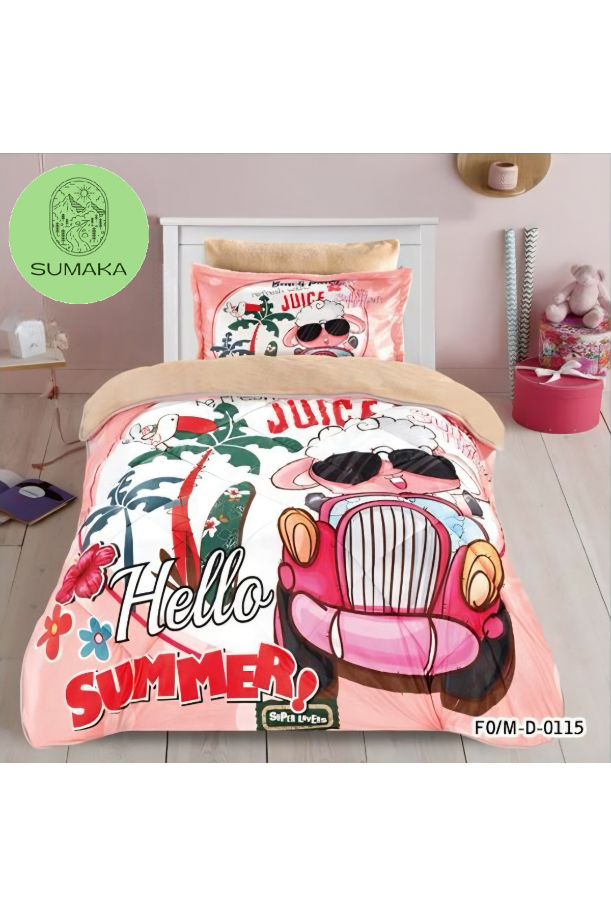 SUMAKA-Kids Bedspread - Hello Summer - Set of 4 Pieces Print Quilt (comforter) Set - Velvet Lined with Fur 1