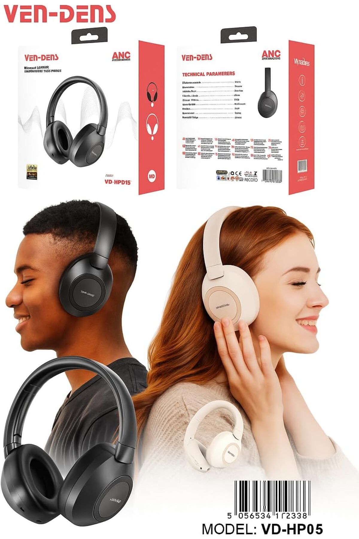 VEN-DENS-Wireless Bluetooth Headphones with Noise Cancellation, Hi-Fi Sound, Built-in Microphone, Co 1