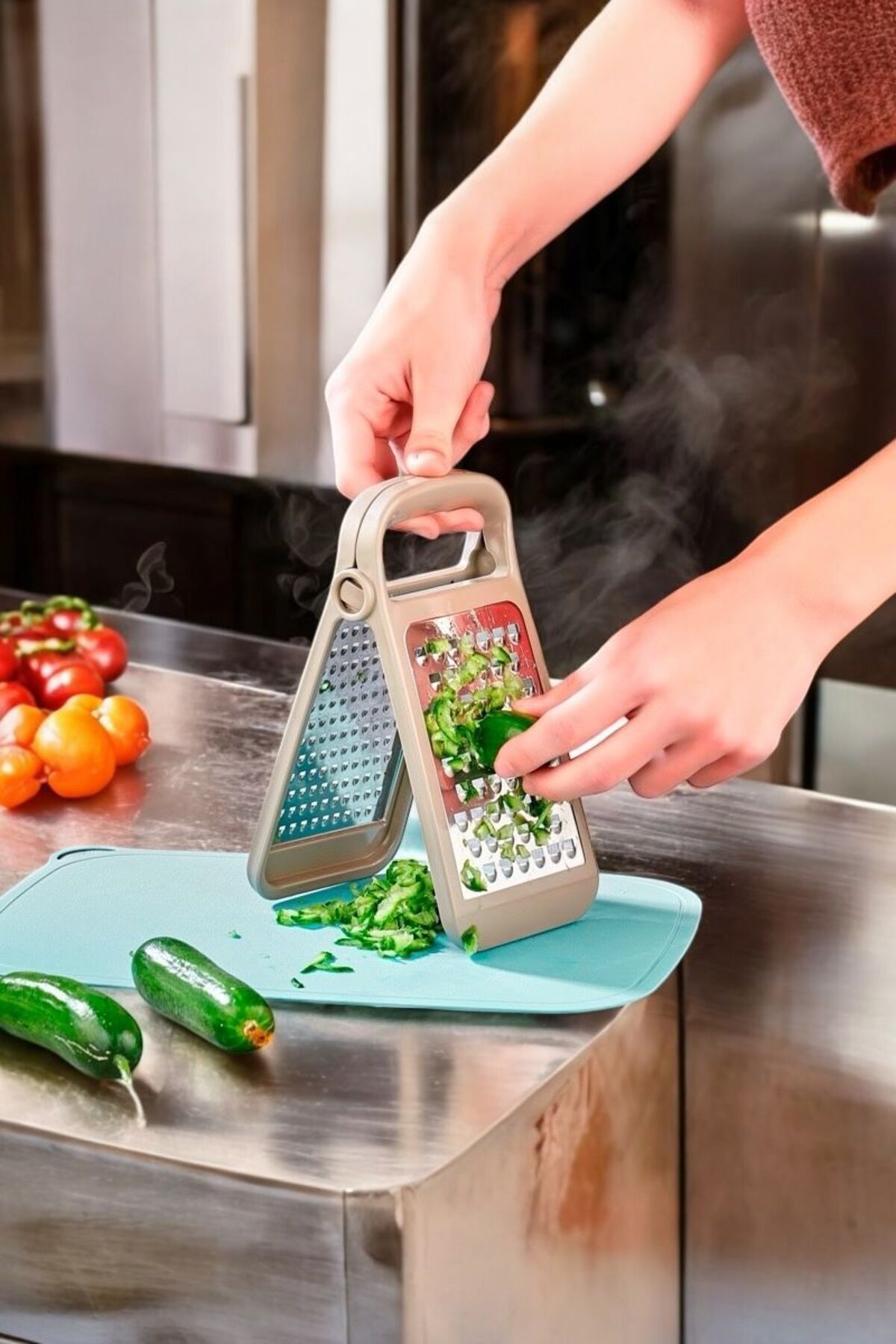 Kırmızı Beyaz Home Katlanabilir Ayrılabilir Çelik Rende – Ergonomik Tasarım, Çift Taraflı Bıçak-KAHVE