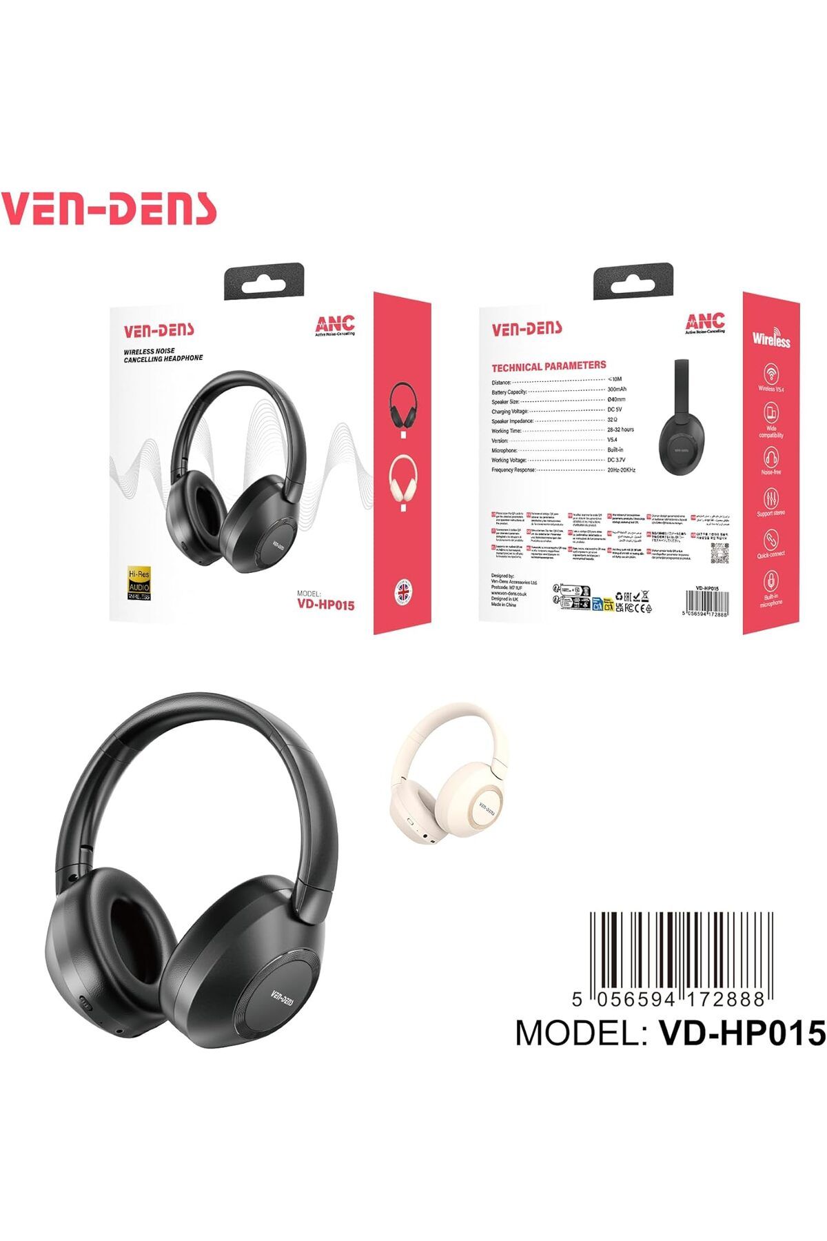 VEN-DENS-Wireless Bluetooth Headphones with Noise Cancellation, Hi-Fi Sound, Built-in Microphone, Co 5