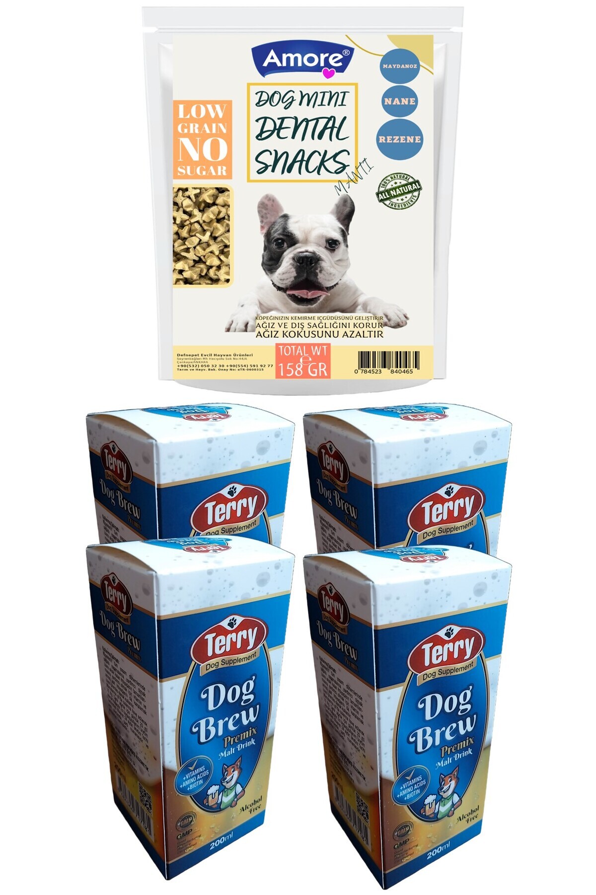 AMORE Mantı Mini Dental 158gr Ağız Kokusu Diş Sağlığı Köpek Ödülü, Biotin Malt İçeceği 4x200ml