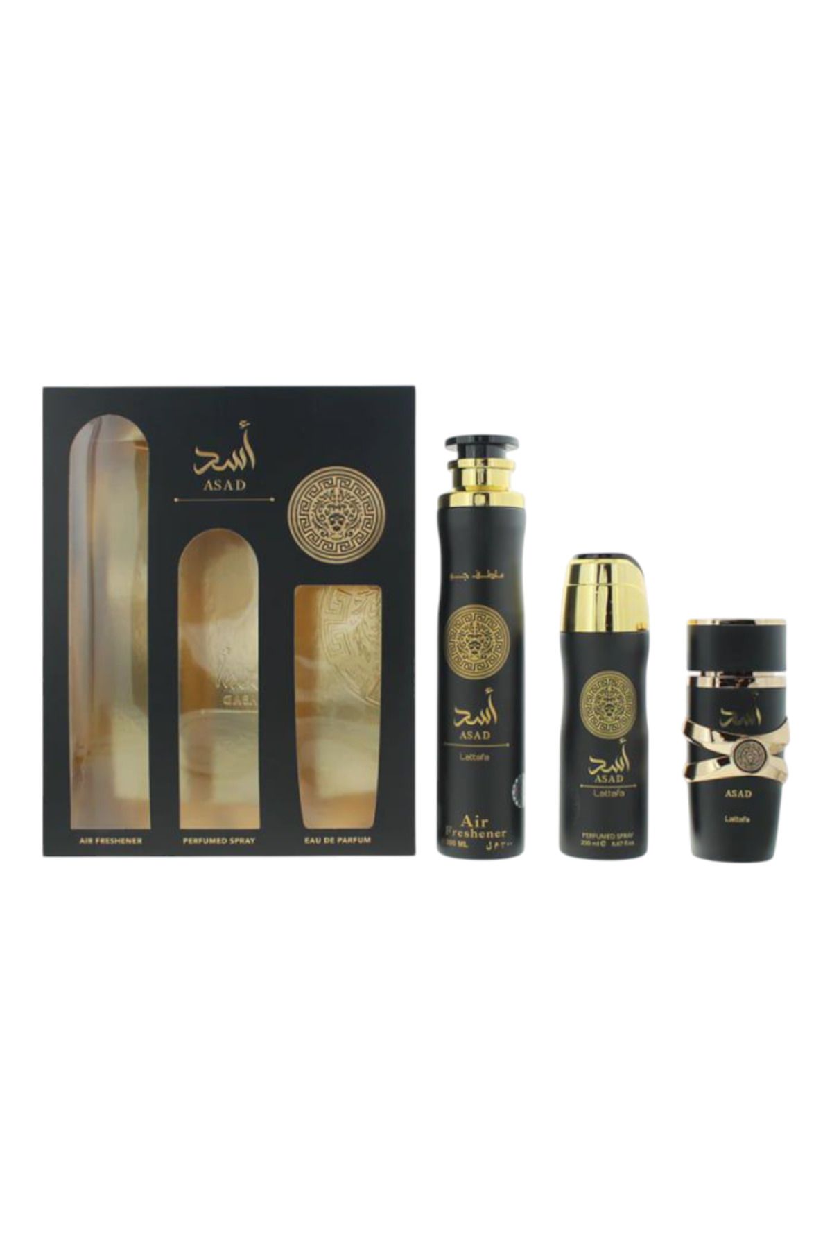 lattafa-ASAD, gift set EDP 100 ml, body spray 200 ml, room freshener 300 ml 3