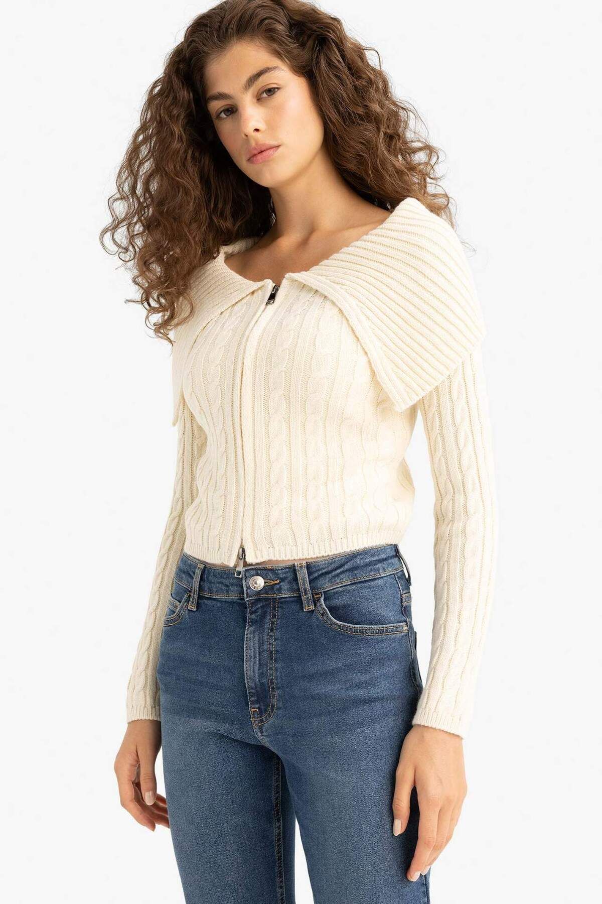 DeFacto-Regular Fit Open Shoulder Cardigan E8263Ax25Wn 3