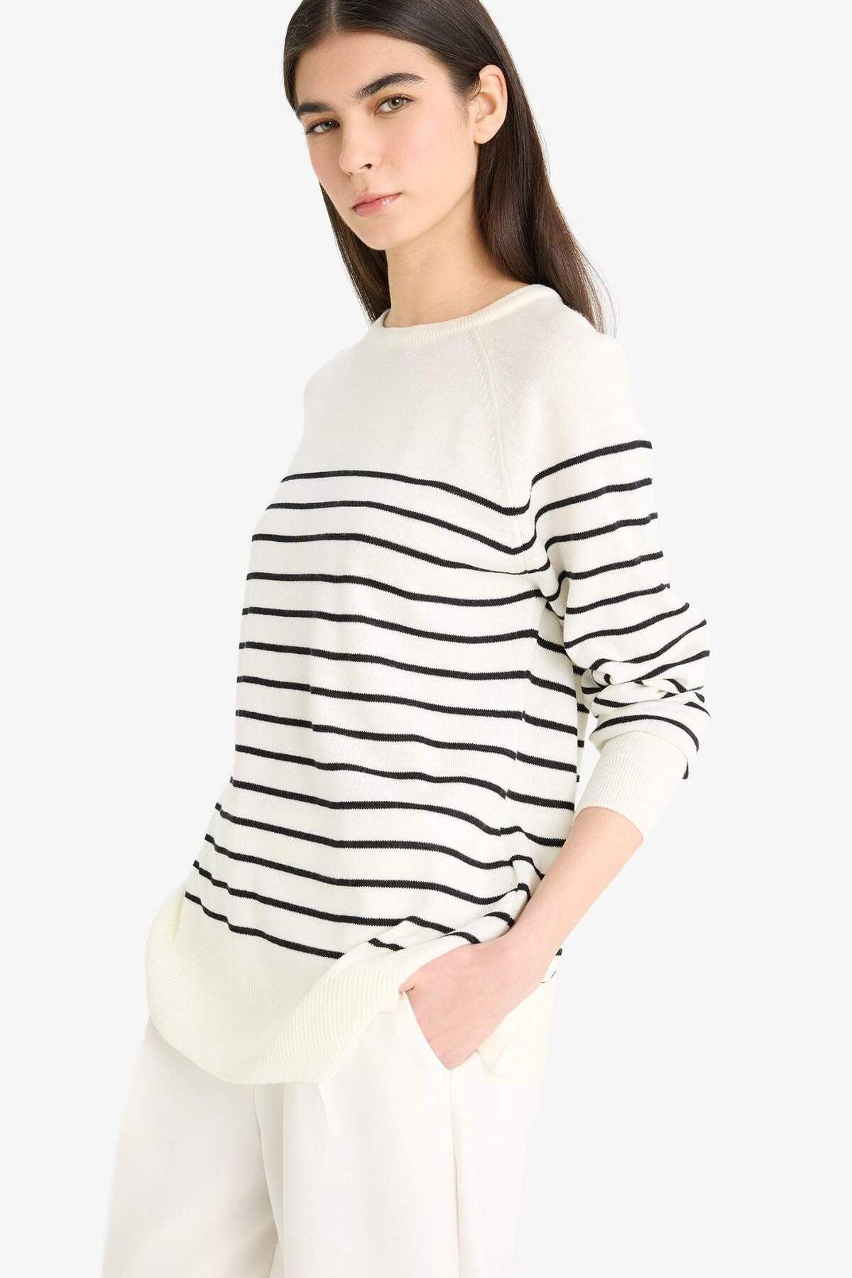 DeFacto-Regular Fit Crew Neck Striped Sweater E8486Ax25Wn 1