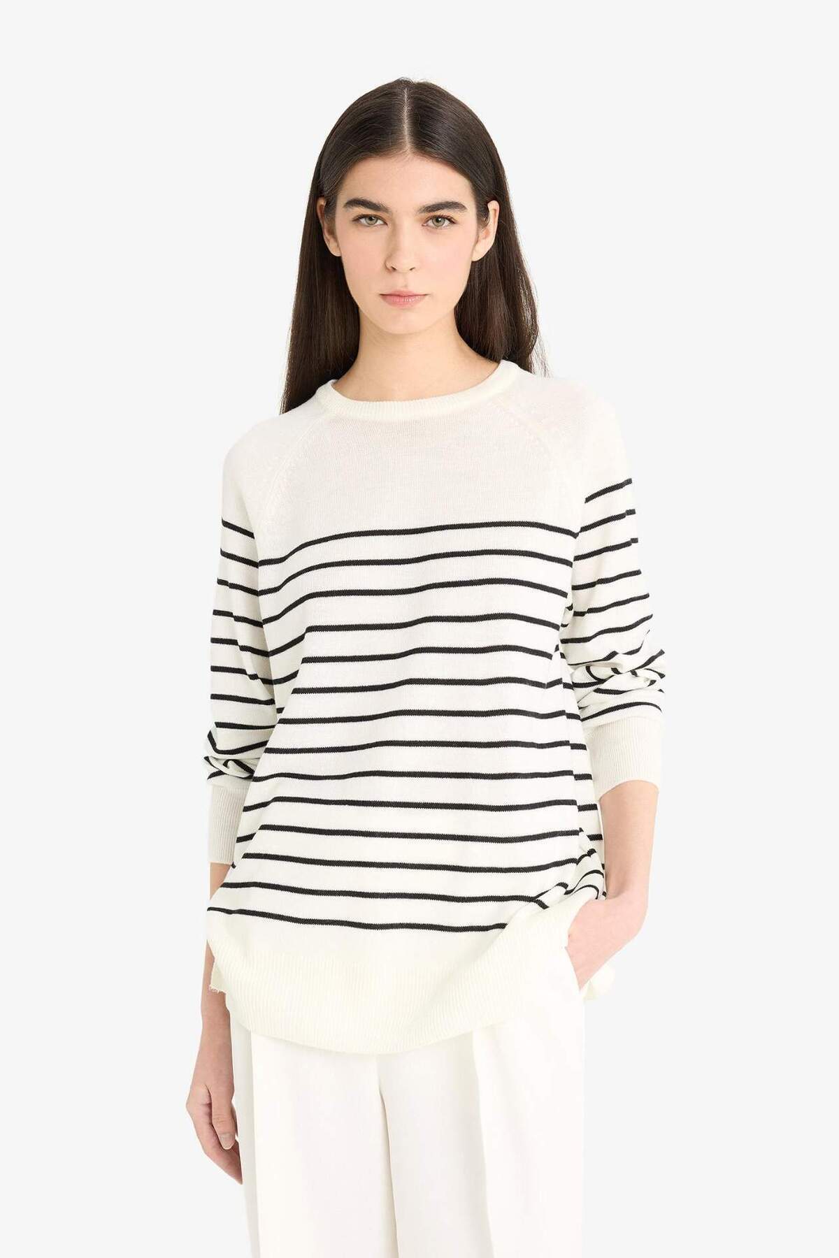 DeFacto-Regular Fit Crew Neck Striped Sweater E8486Ax25Wn 3