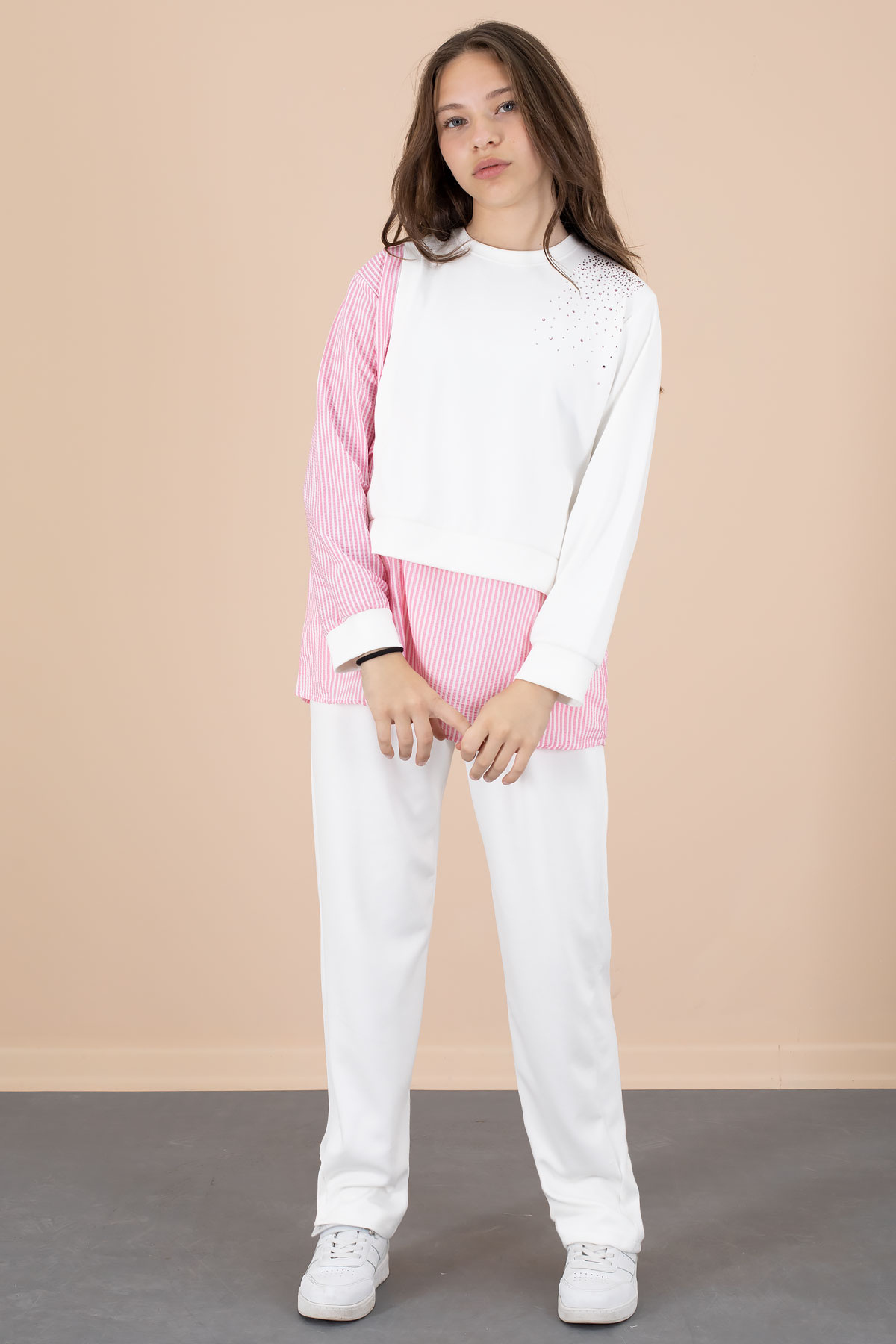 Pink Striped Pattern Stone Detailed Blouse Girl 2pcs Set with Belt and Pants 20656