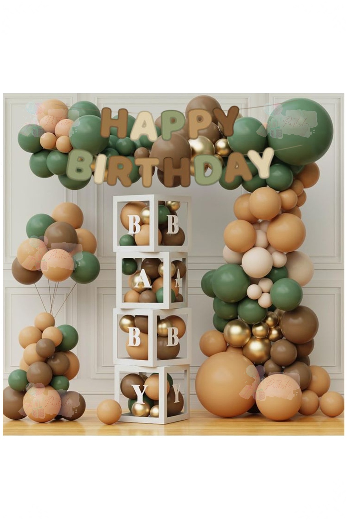 BİDOLUMUTLULUK Baby Yazılı Balon Kutusu Retro Doğum Günü Seti Karamel Kahve Yeşil Parti Eğlence Kutlama