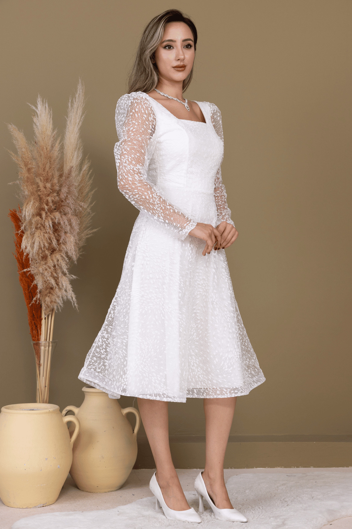 BEYBOS Tulle Glittery Square Neck Midi Evening Dress - White- Trendyol