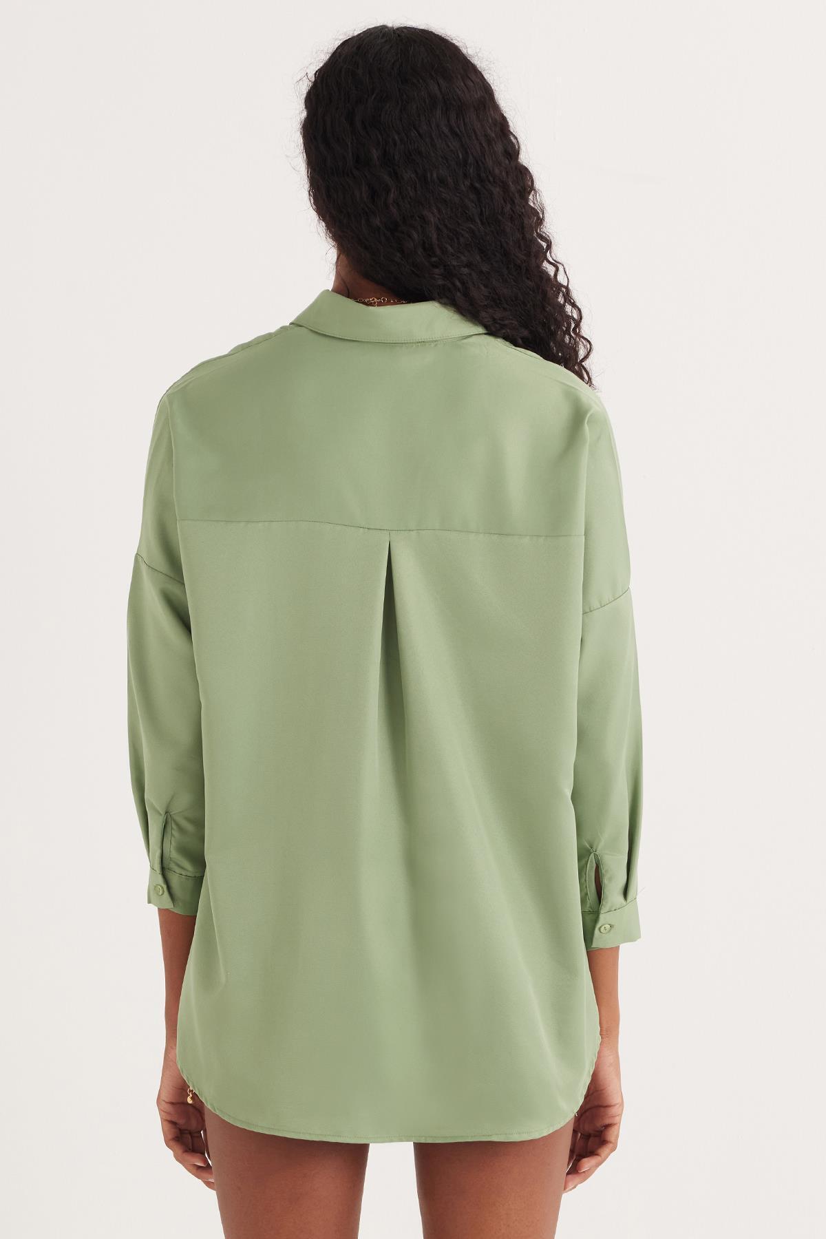 Tudors Kadın Oversize Rahat Kesim Spor Yaka Uzun Kollu Basic Düz Mint Gömlek görsel 7