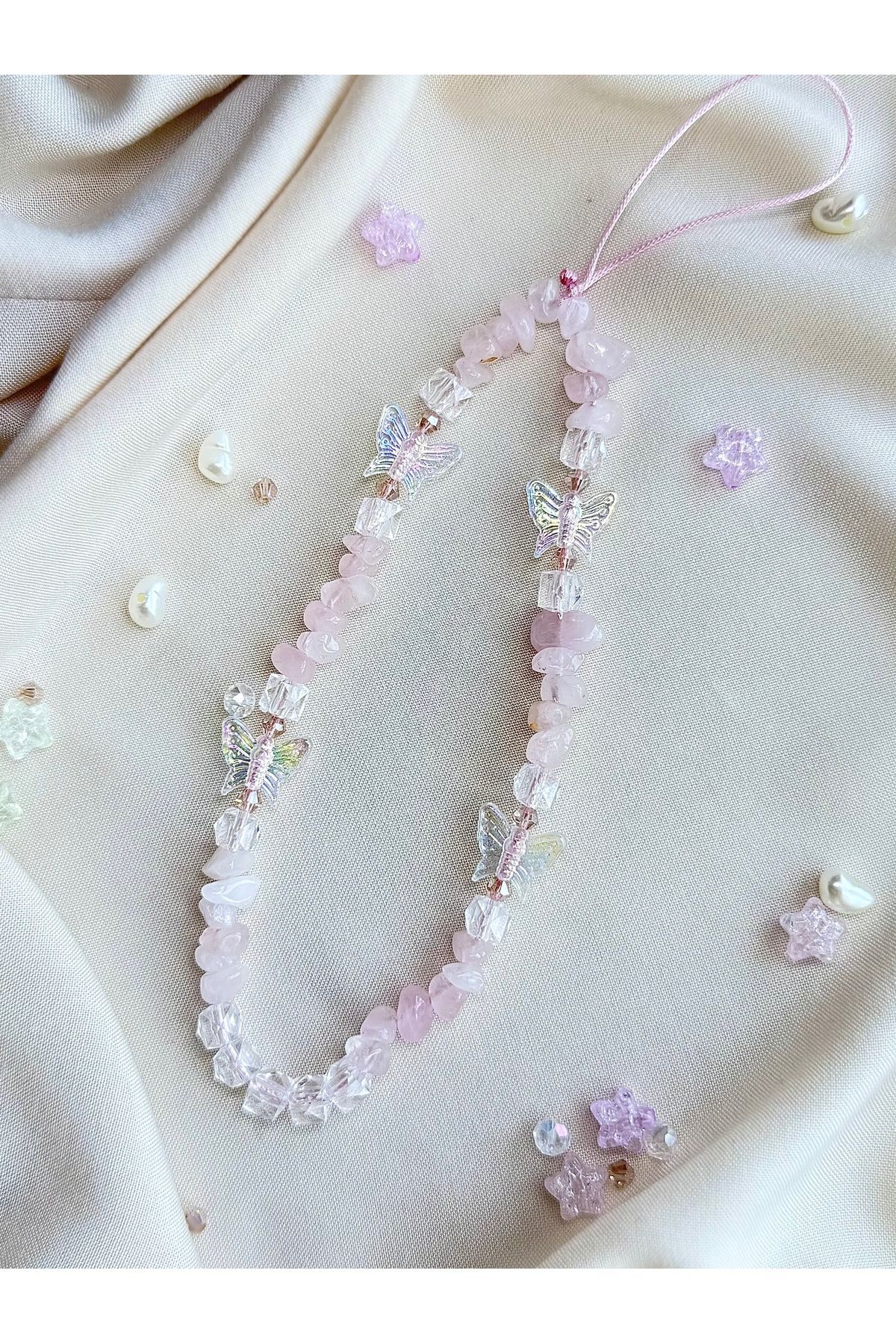 MİRAZ TASARIM-Pink Quartz Natural Stone Butterfly/Cube Beaded Phone Charmi Phone String 1