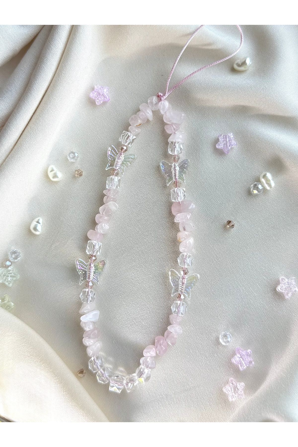 MİRAZ TASARIM-Pink Quartz Natural Stone Butterfly/Cube Beaded Phone Charmi Phone String 2