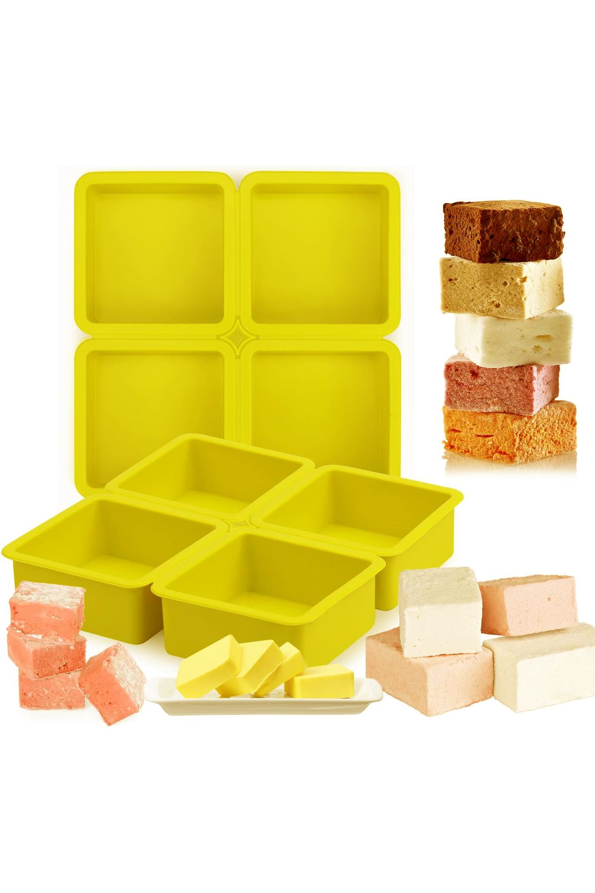 awwaline-Set 4 silicone molds, awwaline, square, yellow, ideal for cupcakes, cakes, eggs, DIY projects, wax, 7