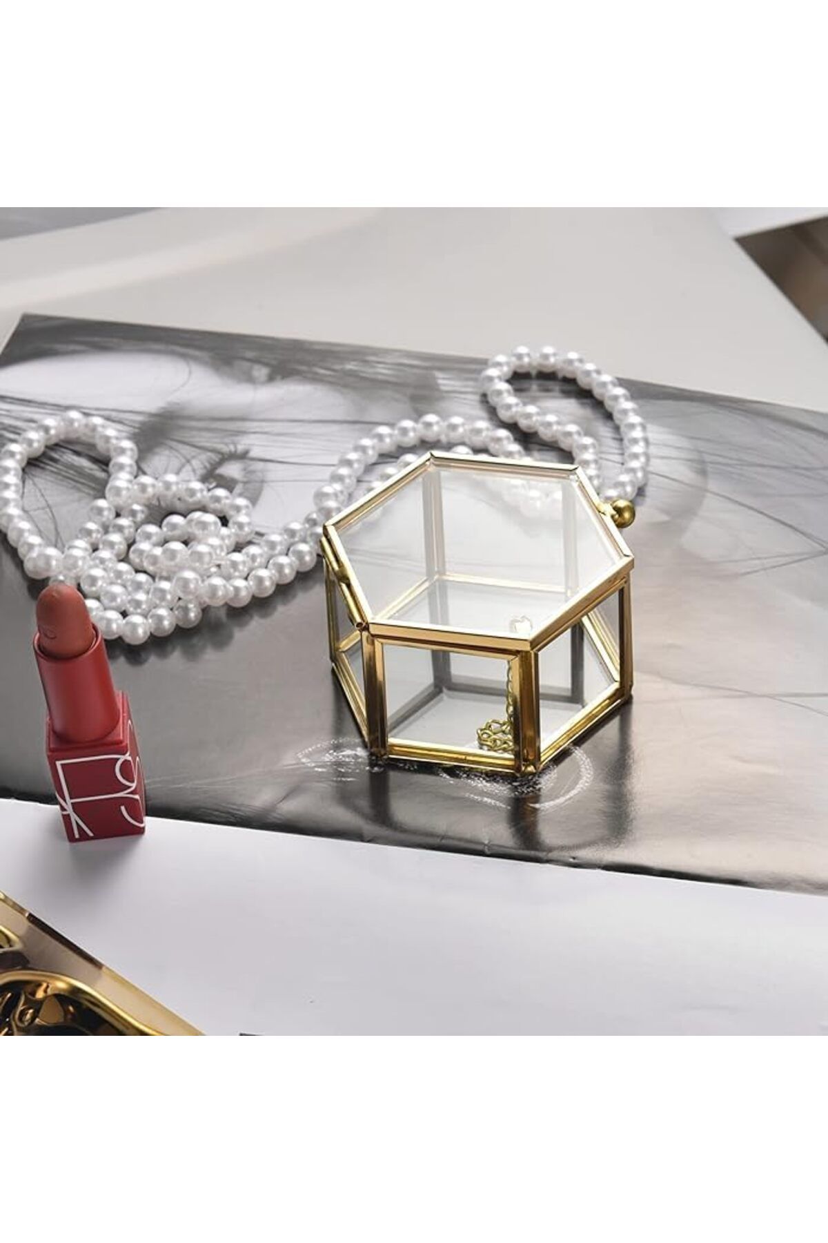 Lamsit Ibdaa-Glass Trinket Box, Hexagon, Gold, Keepsake Organizer with Lid (Hexagon) 4