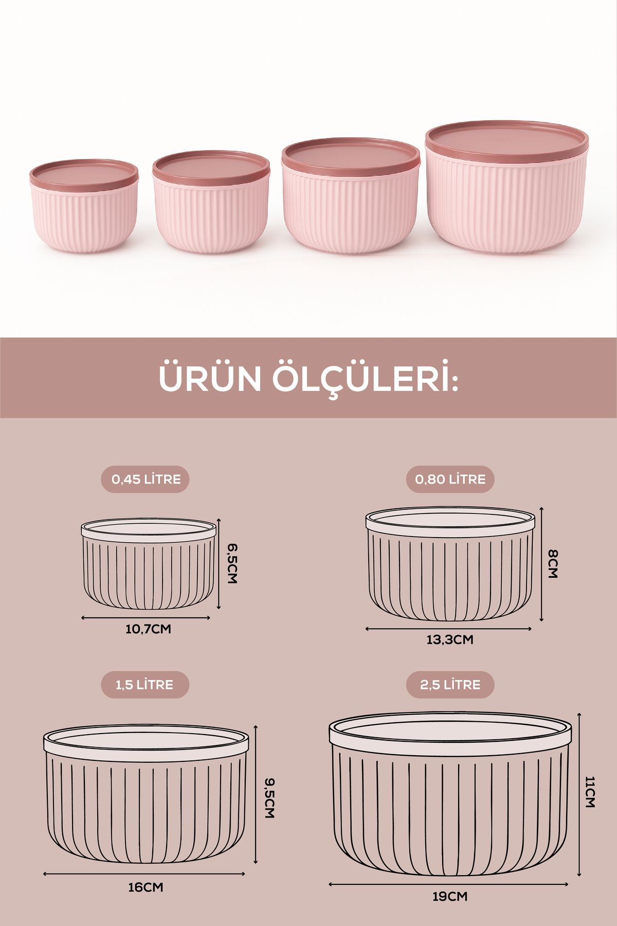 Vienev-Set of 4 Round Storage Containers Pink |   2.5L 1.5L 0.80L 0.45L |   Microwave and Freezer Compatible 6