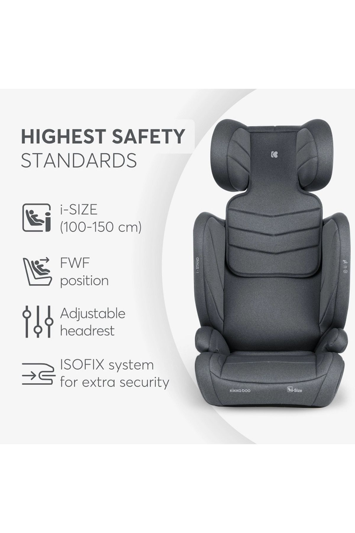 Kikka Boo-Isofix car seat KikkaBoo i-Stand Dark Grey 100-150 cm, I-Size certification, Adjustable headrest in 6