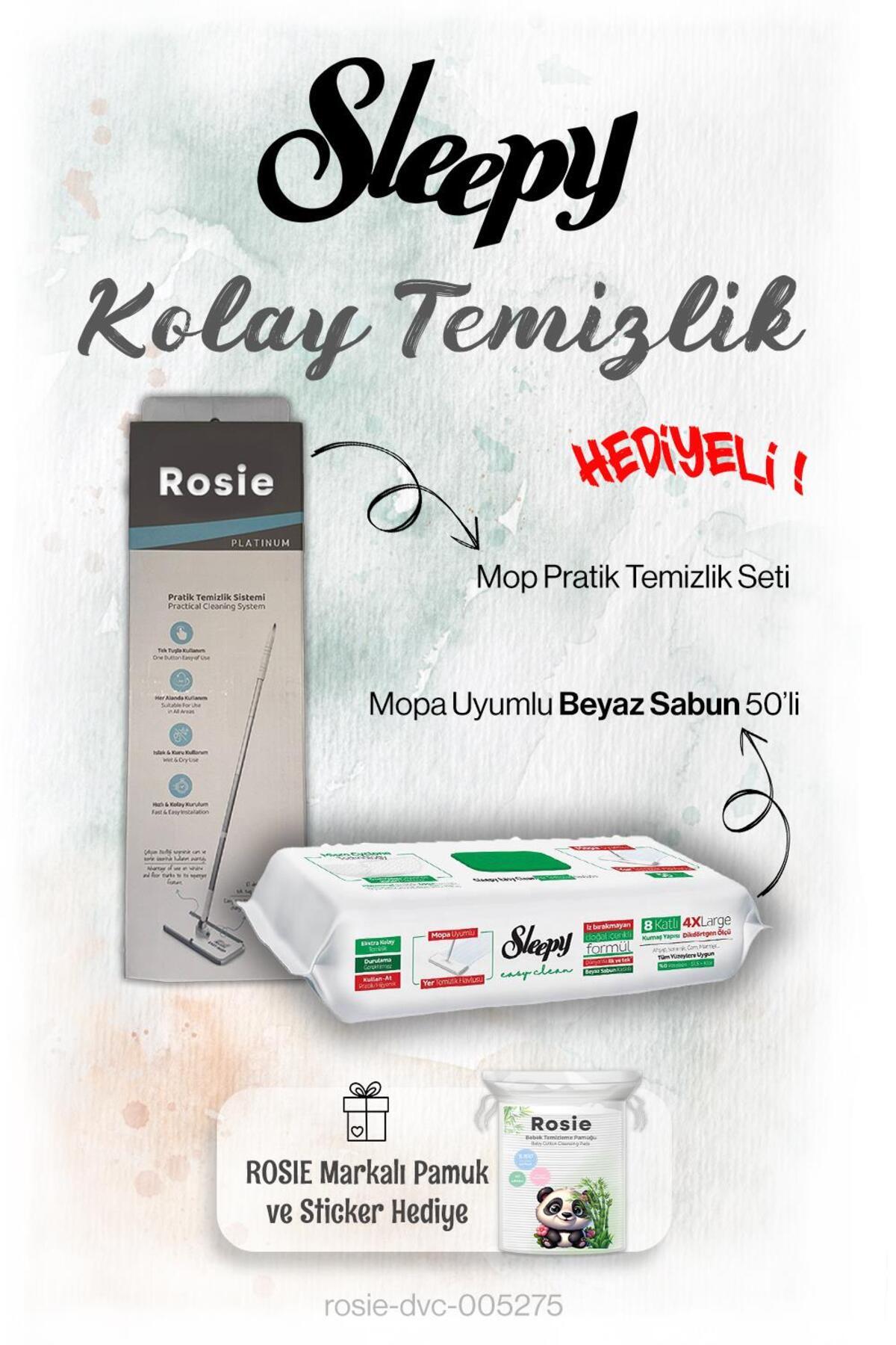 Sleepy 50'li Beyaz Sabun Mopa uyumlu ve Mop Seti, Rosie Hediyeli