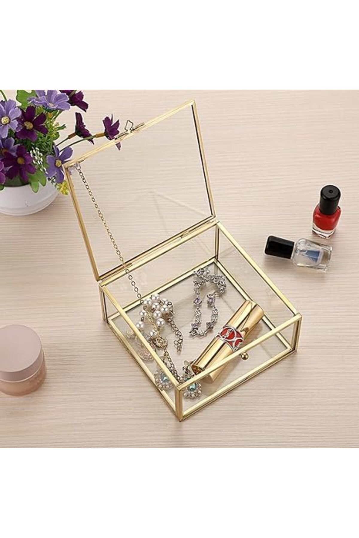 Lamsit Ibdaa-Glass Trinket Box, Hexagon, Gold, Keepsake Organizer with Lid (Cubic) 6