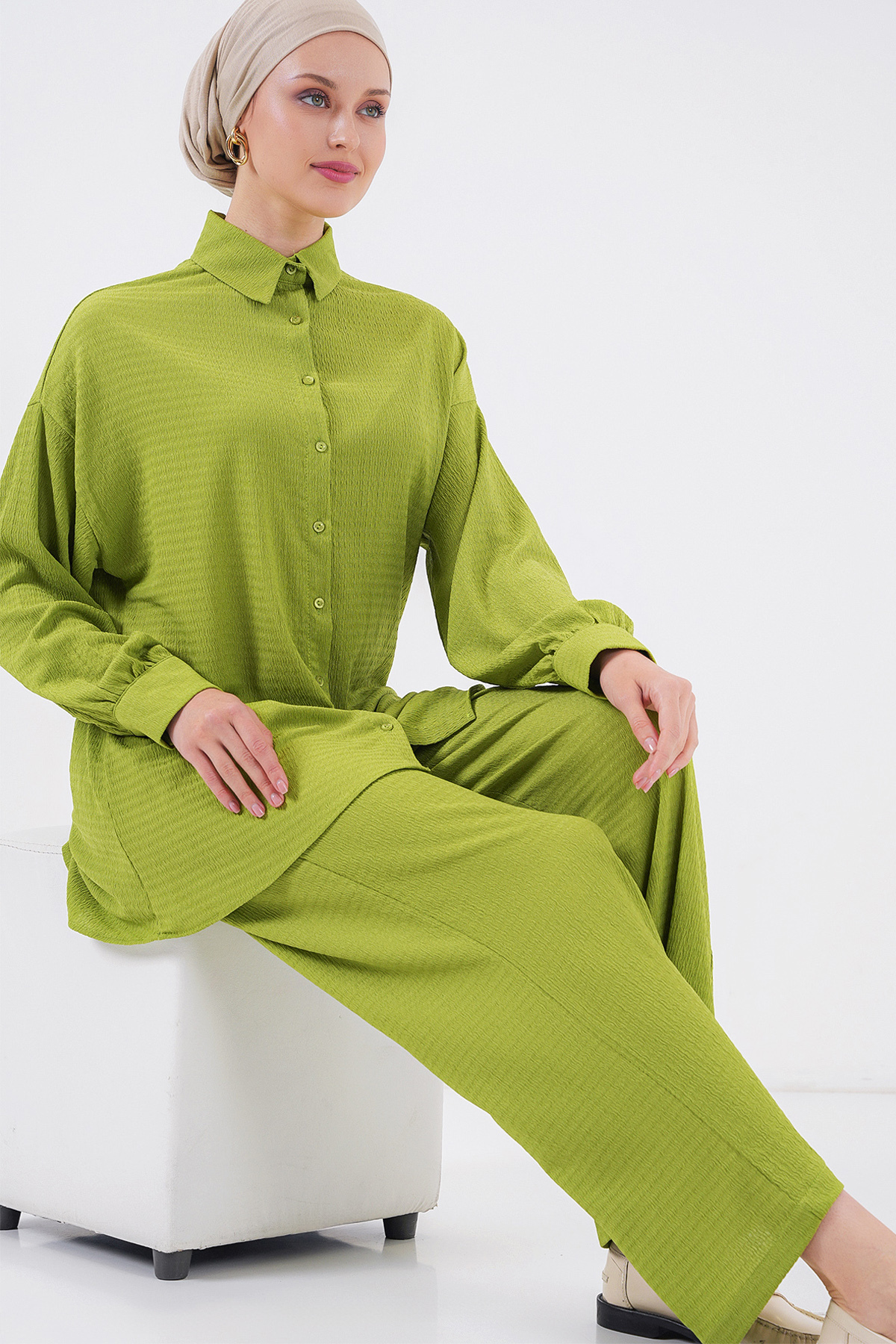 Merterium Women's Knitted Hijab Double Set E.Green 1111