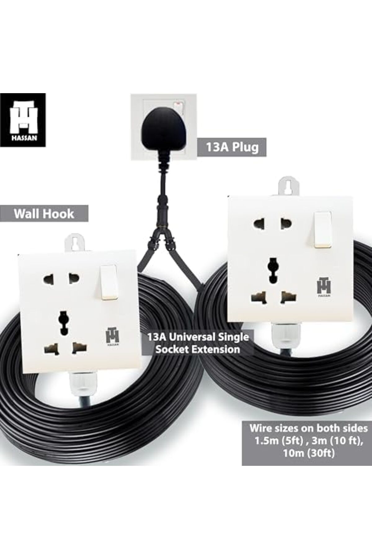 HASSAN-Dual Single Socket Extension Cord - 2 Universal Socket Outlet, Modern Design Space Saving Ele 4