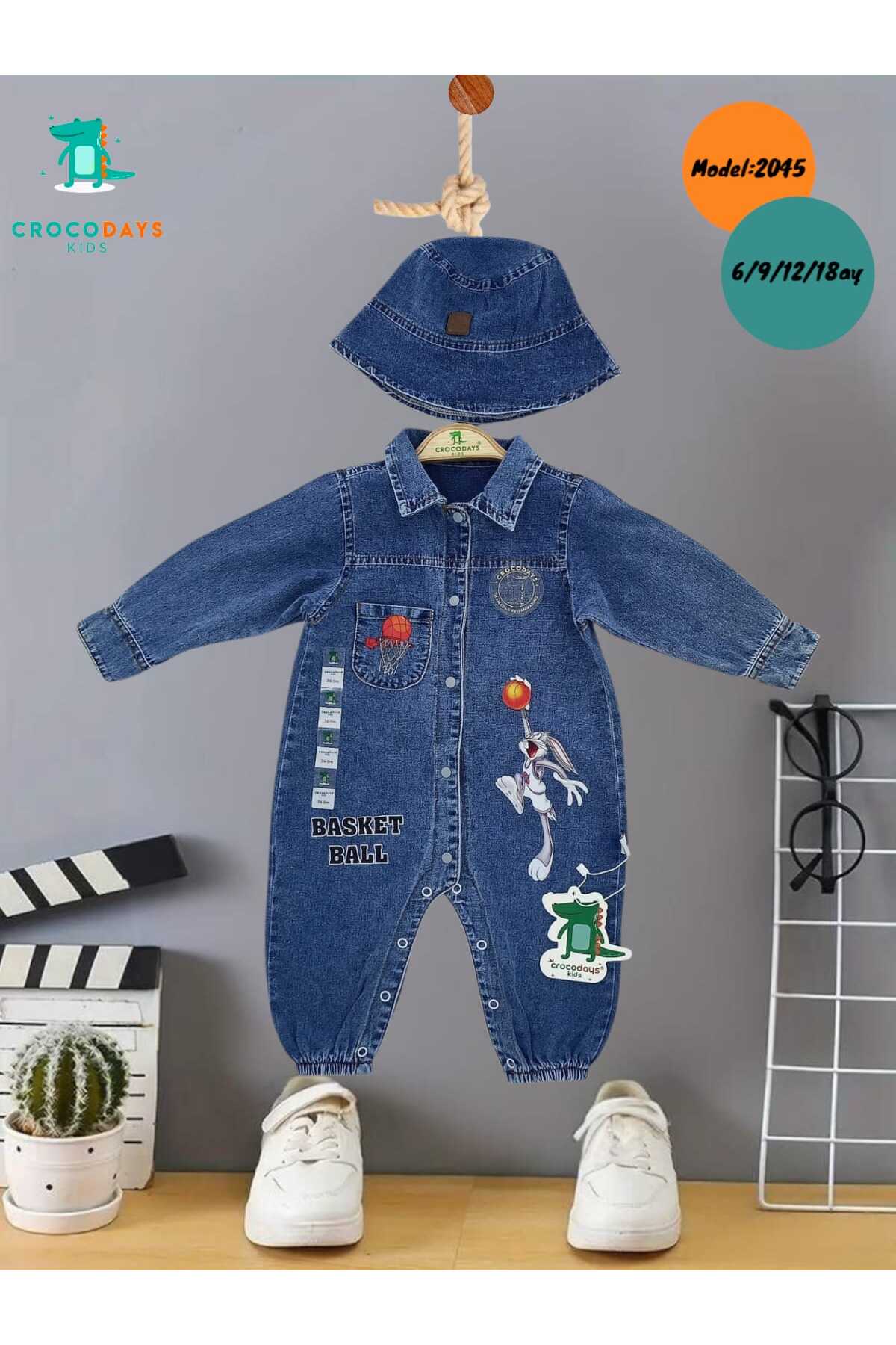 CROCODAYS Unisex Çocuk Bebek Kot (JEANS) Baskılı Şapkalı Tulum (3/6/9/12/18/24) Ay fotoğrafı 2 (önizleme)