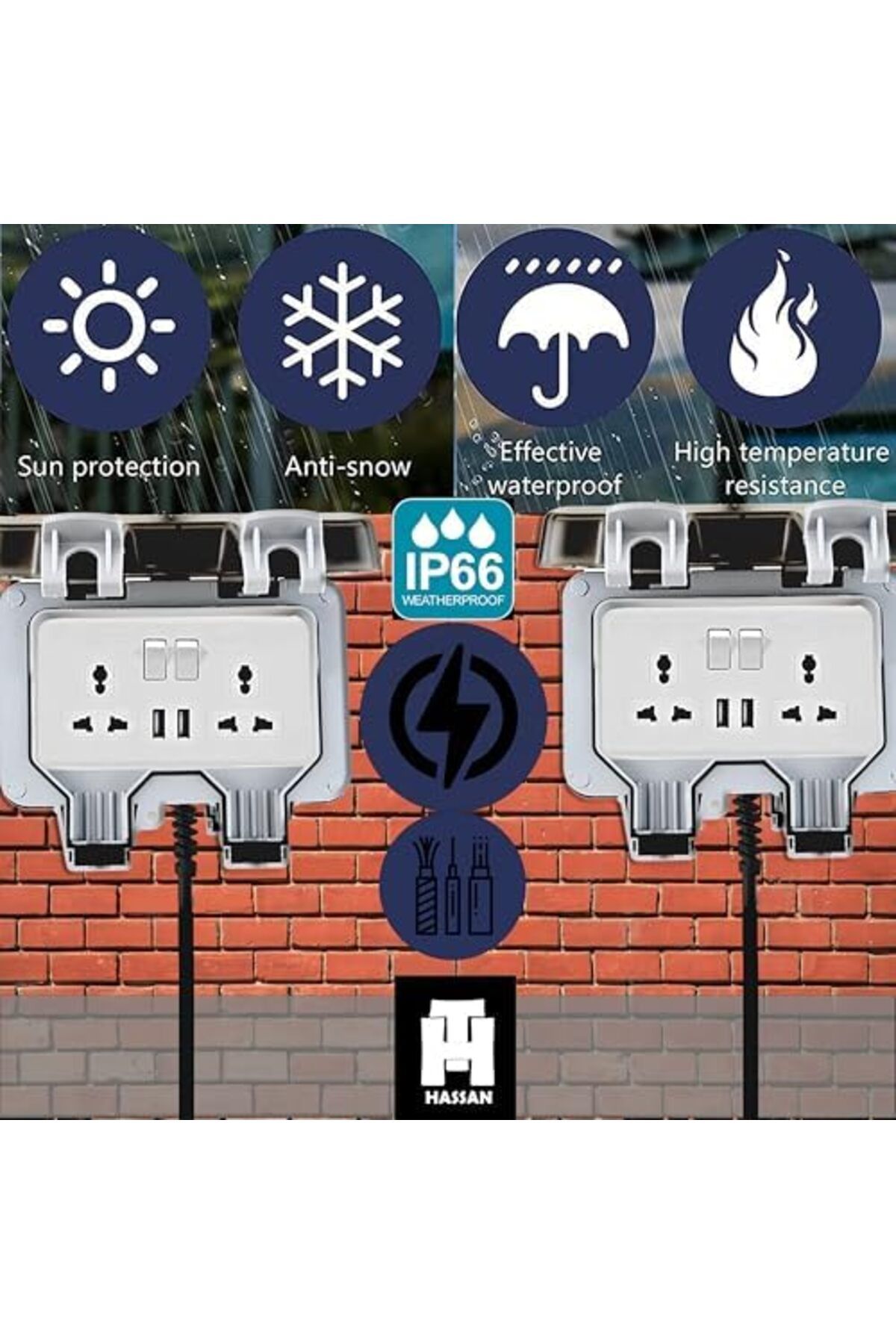 HASSAN-Weatherproof Dual USB Universal Extension Socket 13A With Heavy Duty Long Cord (3 M (10ft) x 2) 8