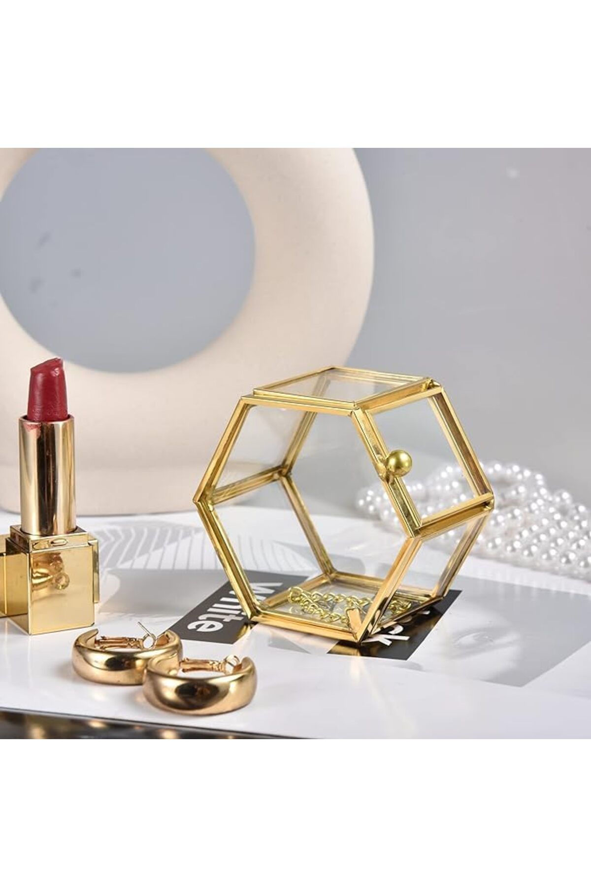Lamsit Ibdaa-Glass Trinket Box, Hexagon, Gold, Keepsake Organizer with Lid (Hexagon) 3