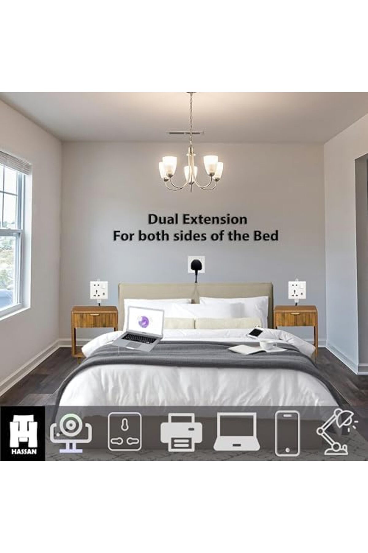 HASSAN-Dual Single Socket Extension Cord - 2 Universal Socket Outlet, Modern Design Space Saving Ele 6