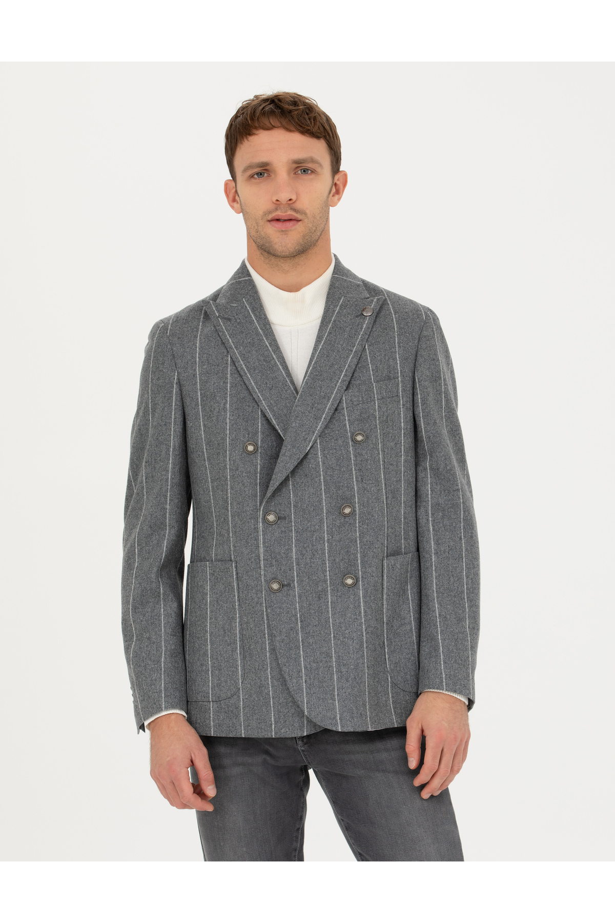 کاپشن دو دکمه راه راه ۱۰۰٪ پشمی Ex.Slim Fit خاکستری ۵۰۲۷۴۵۳۶-VR024 پیر کاردین کت بلیزر Pierre Cardin