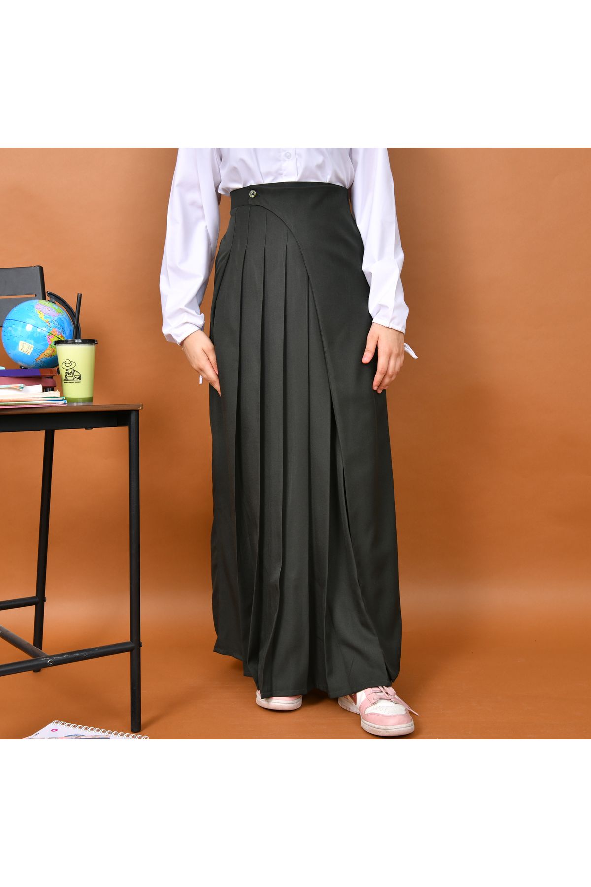 HAWRAA-A distinctively designed skirt with wide pleats and a side cut decorated with a button and hidden pockets (olive) 4